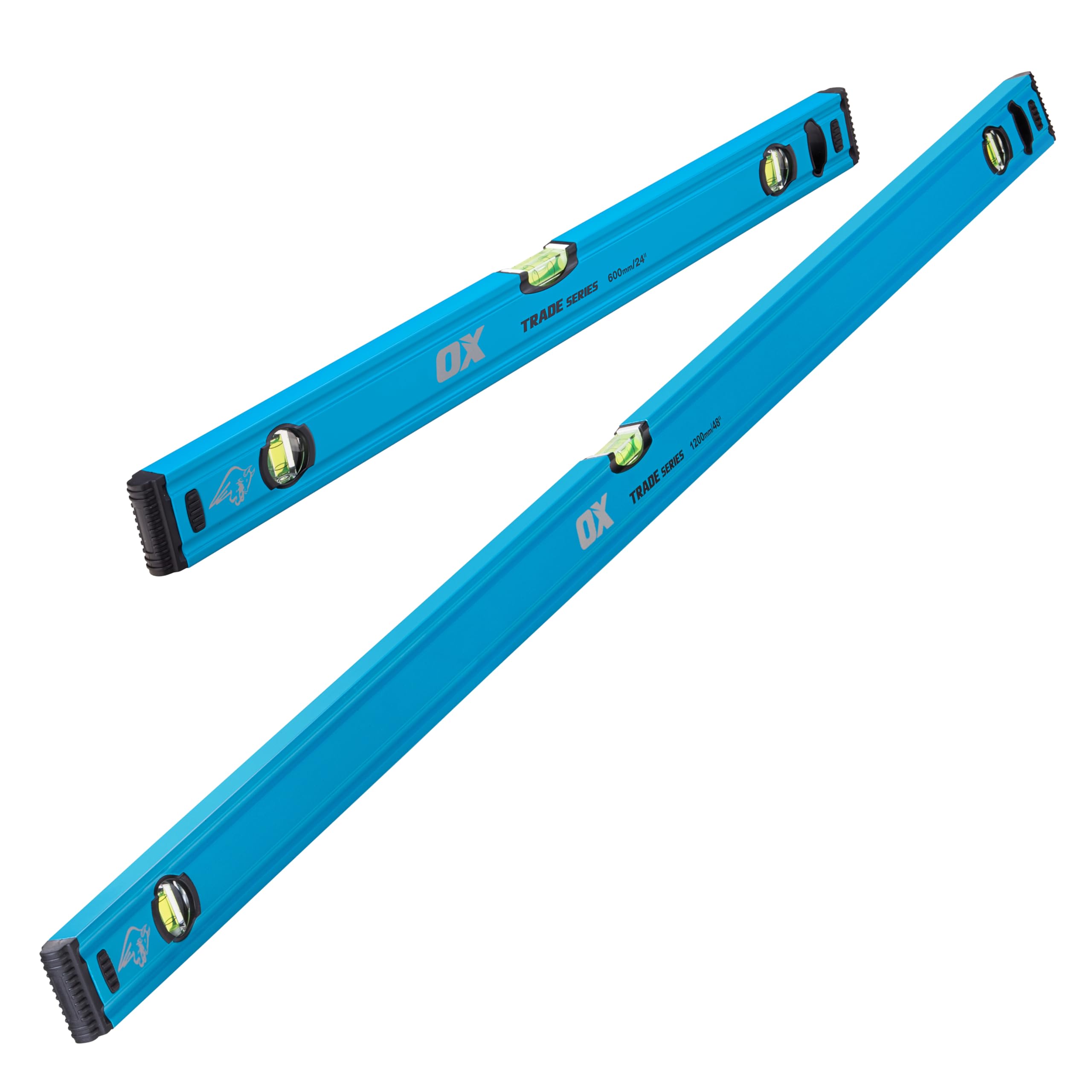 OX 2pc Trade Spirit Level Set - 600mm & 1200mm, Heavy-Duty Aluminium Profile, Milled Base, Acrylic UV Resistant Dual-View Magnified Vials, Shock Proof End Caps, OX-T439704-E﻿
