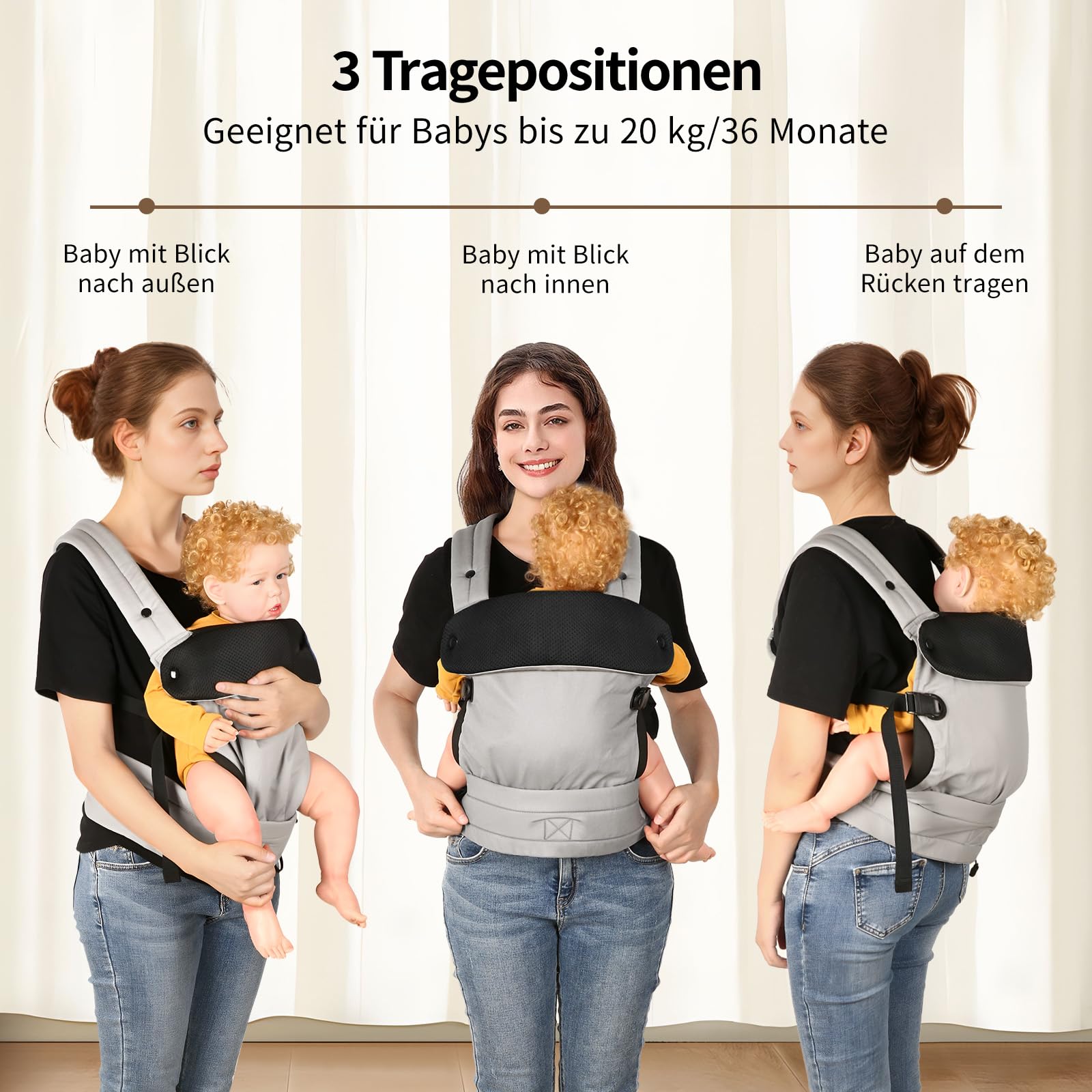 Babytrage für Neugeborene bis Kleinkinder, Ergonomische Bequeme und Leichte Tragetuch, Verstellbare Kopf- und Nackenstütze, Verbesserte Lendenwirbelstütze für Babys 4-20 kg 3-36 Monate, Grau