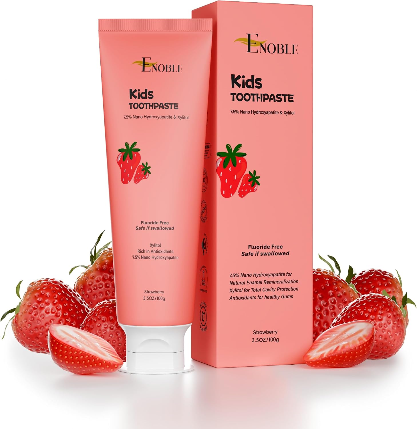 Enoble Kids Toothpaste – Fluoride Free Natural Toothpaste for Kids, Toddlers & Babies with 7.5% Nano-Hydroxyapatite and Xylitol for Enamel Strengthening, Strawberry Flavor, 3.5 oz