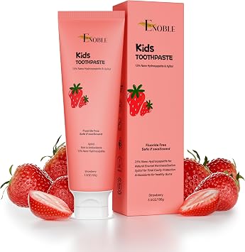 Enoble Kids Toothpaste Fluoride Free Natural Toothpaste for Kids, Toddlers & Babies with 7.5% Nano-Hydroxyapatite and Xylitol for Enamel Strengthening, Strawberry Flavor, 3.5 oz