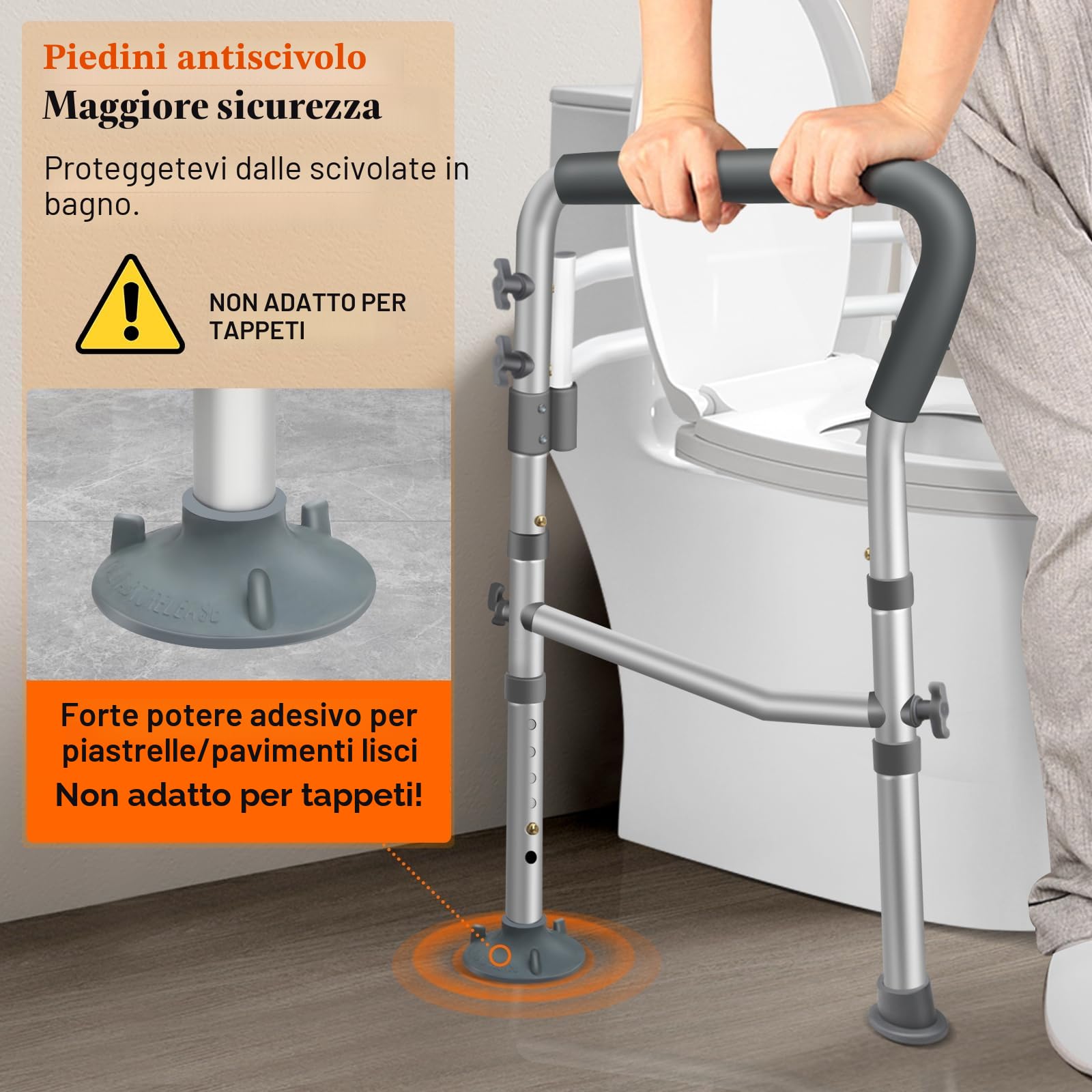 DePango Binari di sicurezza per WC, sedile WC regolabile con maniglie sopra il WC, robuste maniglie per WC per anziani e disabili, telaio stabile con bracci per anziani