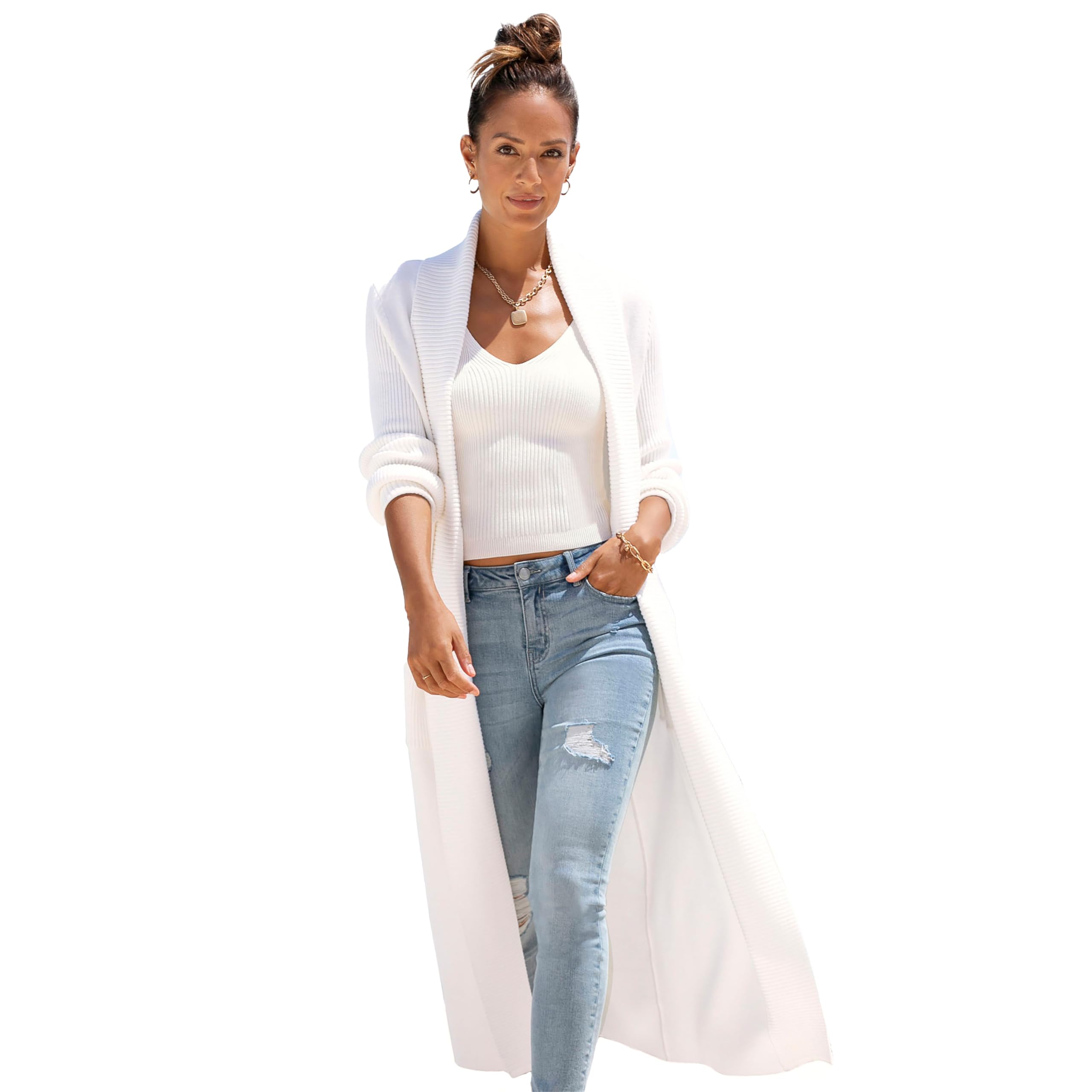 LASCANA Womens Long Knit Cardigan - Calf-Length Open Front with Ribbed Shawl Collar