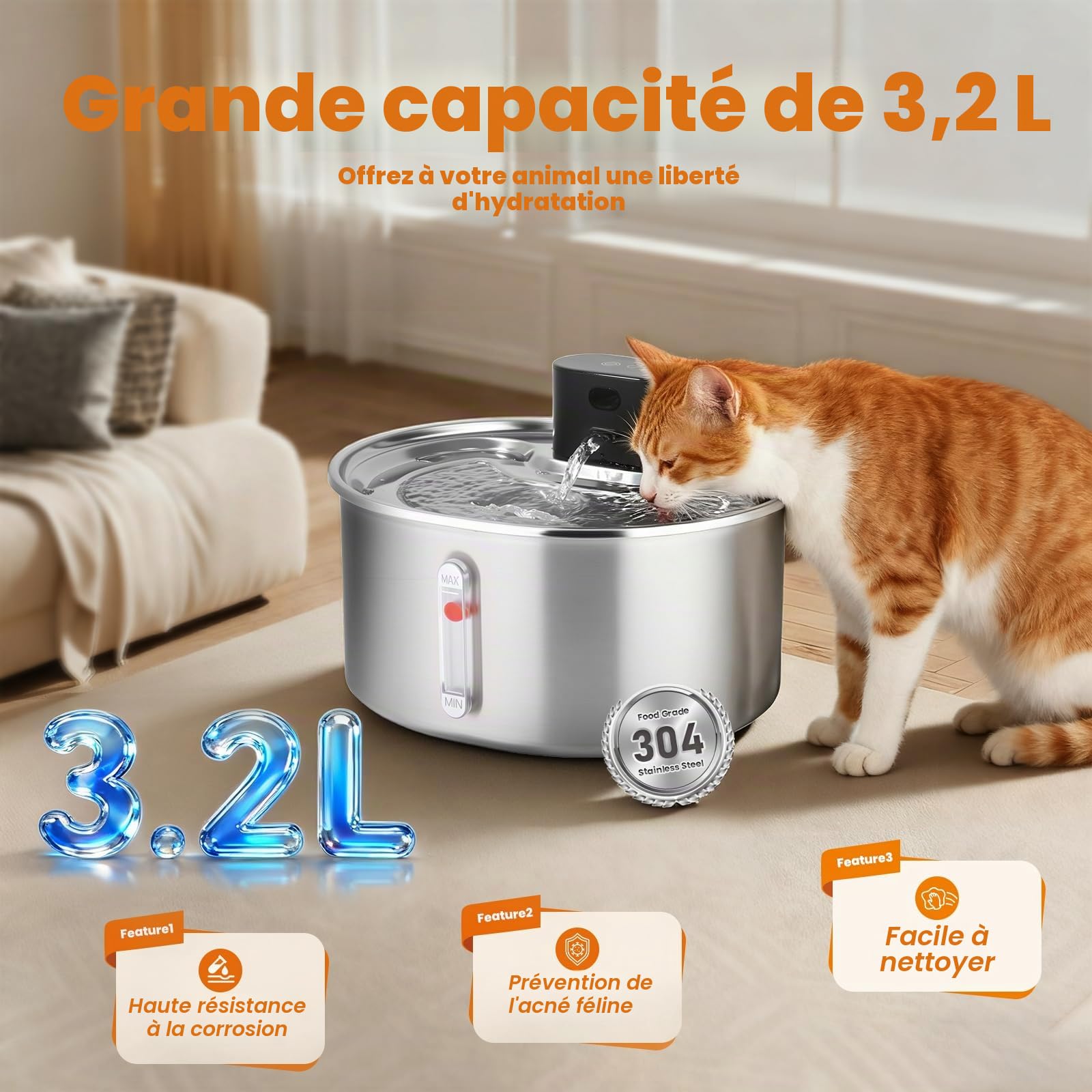 3.2L Fontaine a Eau Chat sans Fil INOX, Fontaine a Eau Chat Detecteur de Mouvement, Batterie 5000mAh, Silencieux, Équipé d'une Fonction Anti-Séchage, pour Chats et Petits Chiens