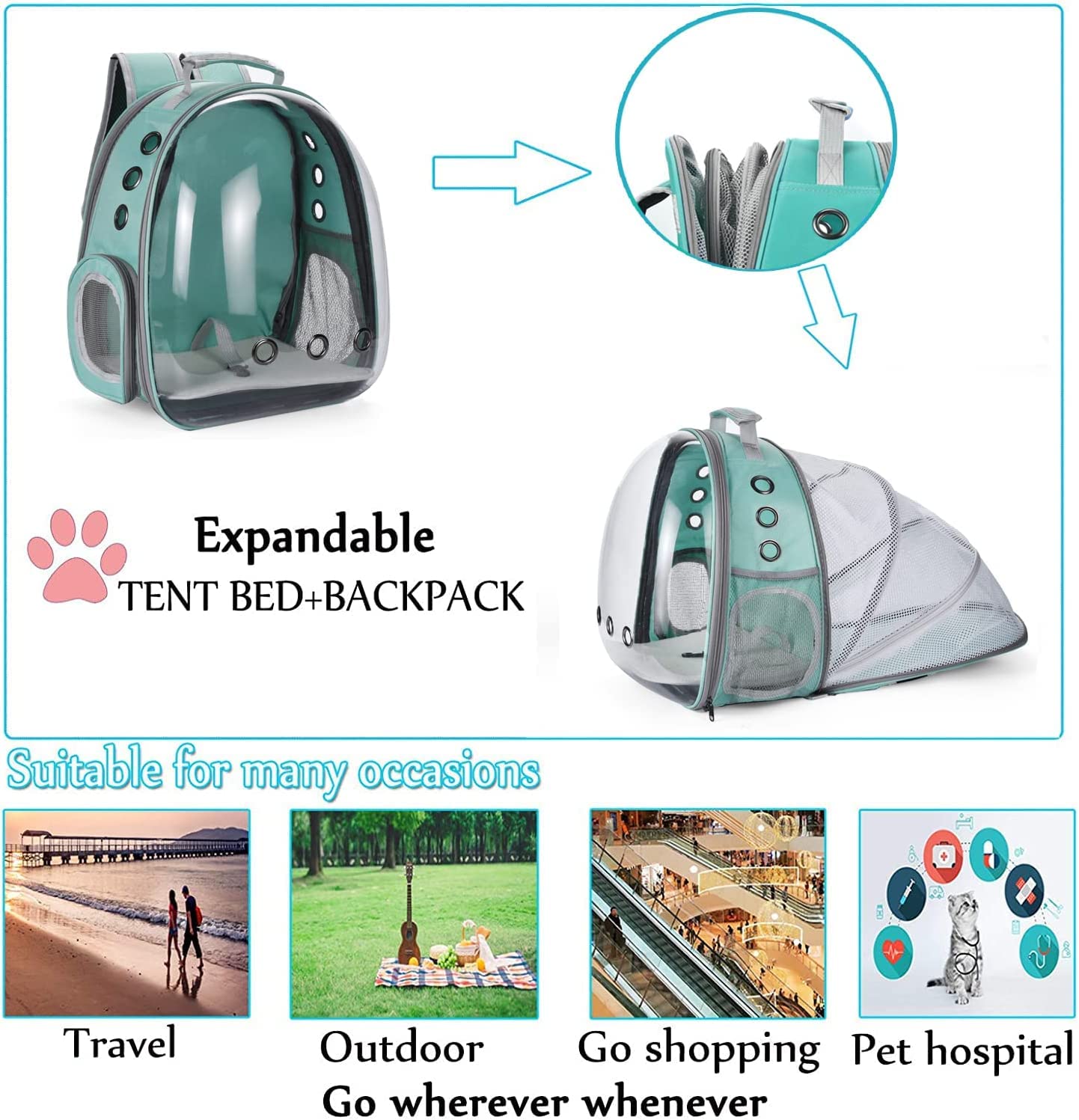 Zaino per Cani Gatti Estensibile, Zaino portatile per cani e gatti con finestra frontale trasparente e Retro espandibile, Zaino Capsula Spaziale ideale per Viaggo (Green, Behind Expand)