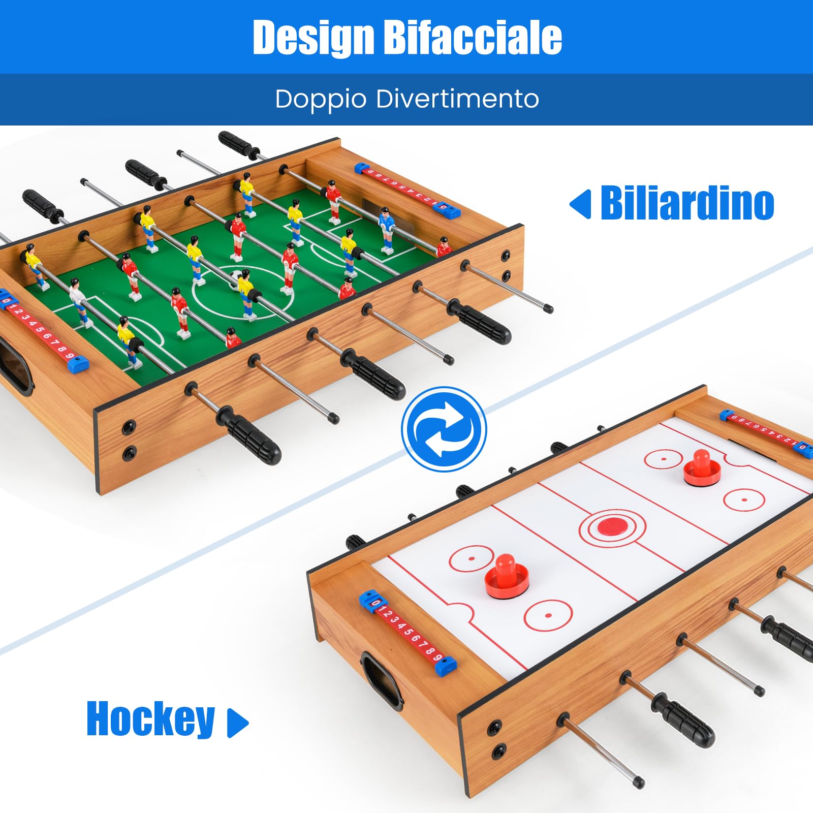 COSTWAY 2 in 1 Calcio Balilla in Legno, Calcetto da Tavolo e Hockey da Tavolo con 6 Aste, con 2 Segnapunti, Biliardino per Bambini e Adulti da Casa, 69 x 36 x 10 cm
