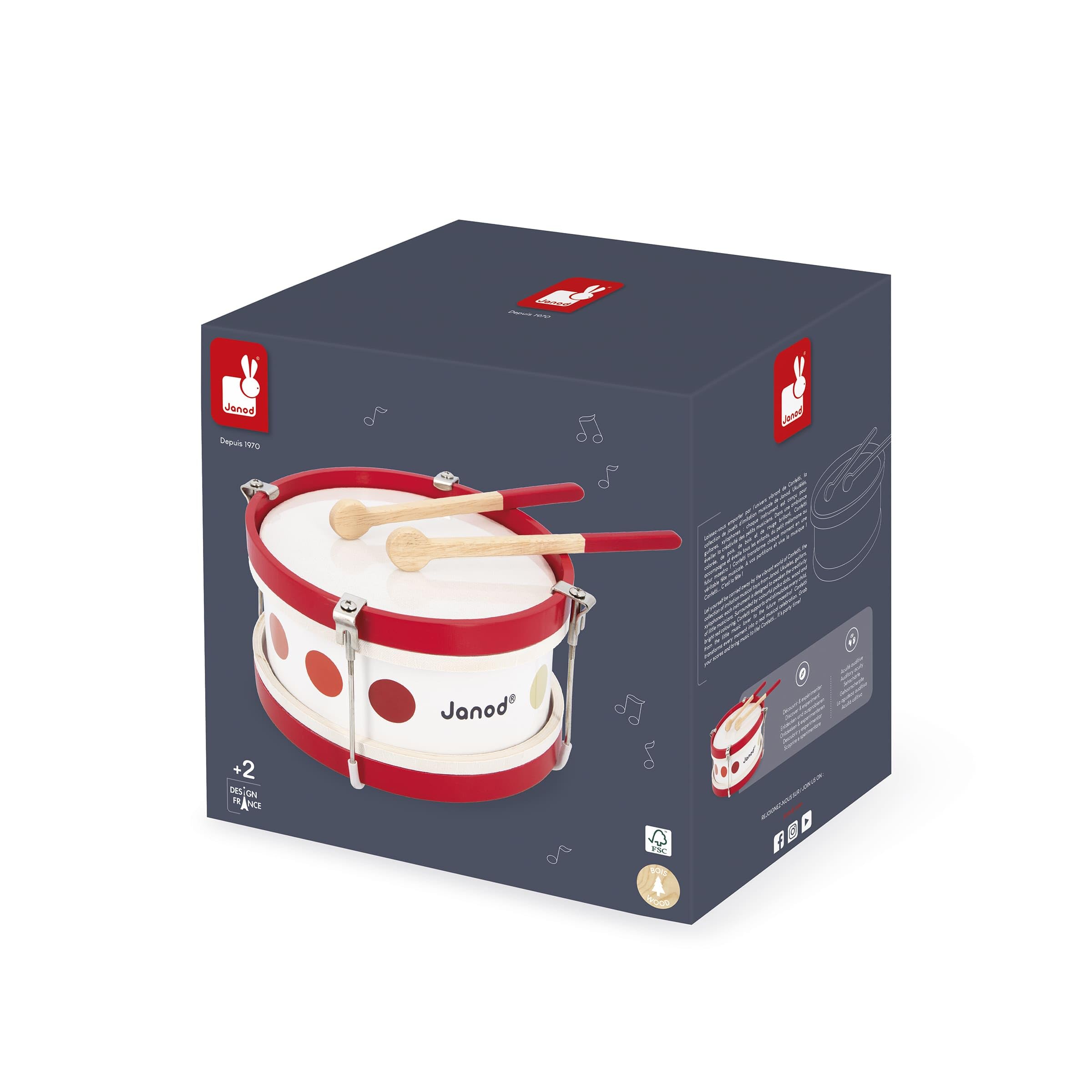 Janod - Il Mio Primo Tamburo Coriandoli (Legno), Strumento Musicale per Bambini, Giocattolo Di Imitazione e Risveglio Musicale - Da 2 Anni in su, J07608