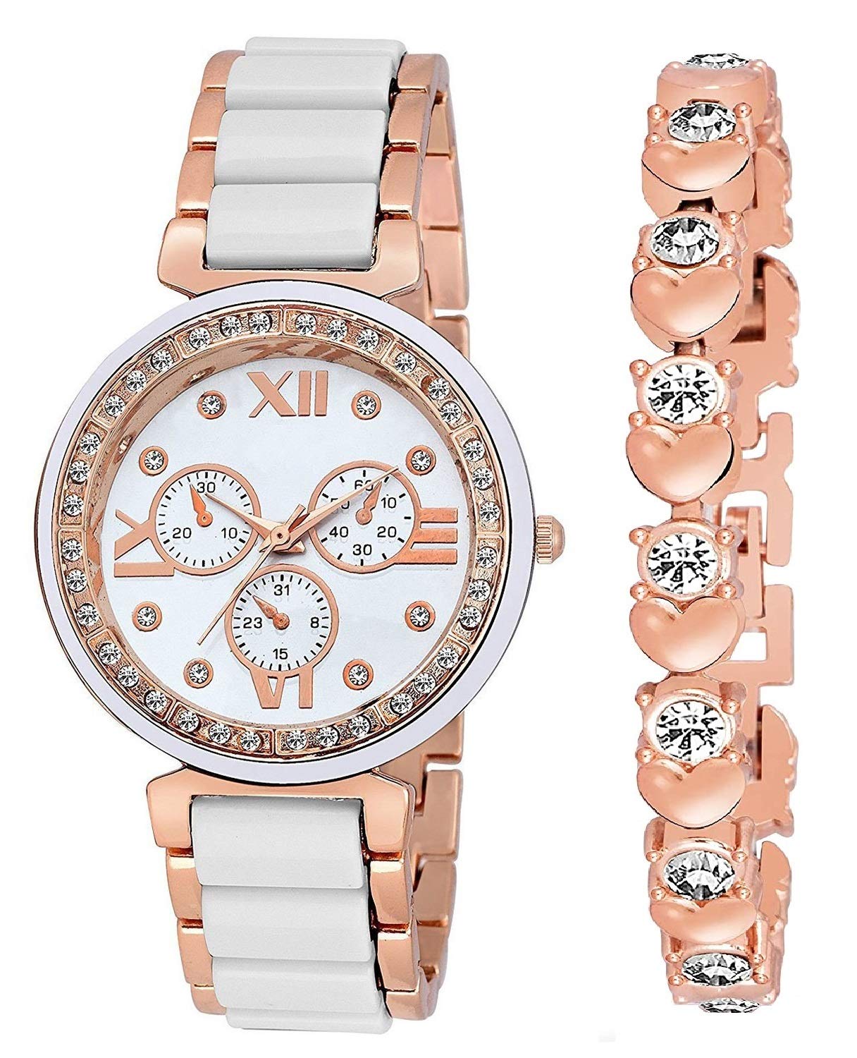 Praizy Diamond Studded Analogue Watch and Bracelet Combo (Pack of 2) (White,Rose Gold) (B0918DW2ZD) Amazon Price History, Amazon Price Tracker