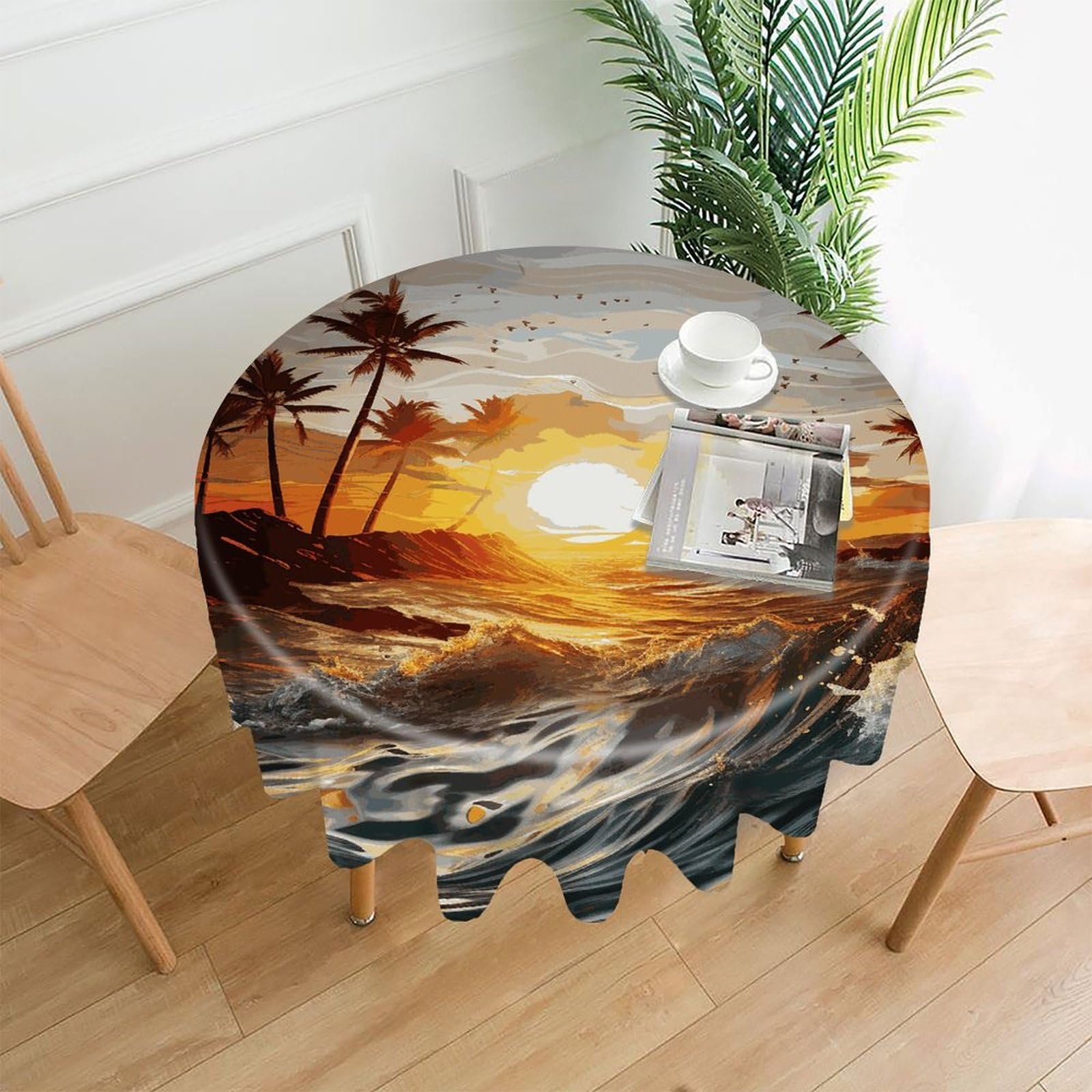 VstaDank Palm Trees Ocean Waves Sunset Table Cloth Fashions Washable Round Tablecloth Decorative Table Cover Comfortable Straight Edge Tablecover for Dining Kitchen Party Outdoor 60 Inch