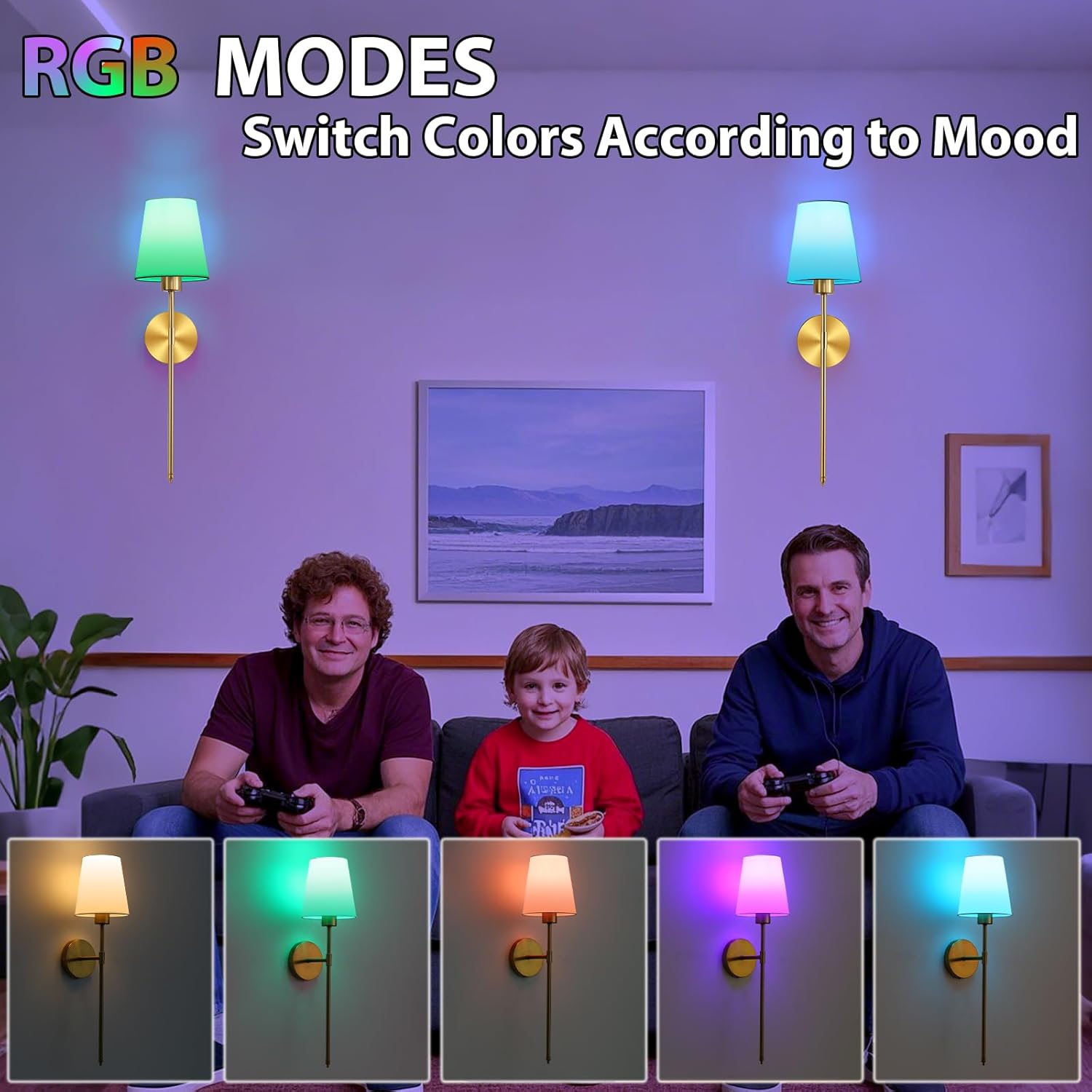 Battery Operated Wall Sconce Set of 2, Gold Rechargeable Wireless Wall Sconces with Remote & 5200mAh Dimmable RGB Bulbs, 10 Colors Adjustable Wall Light for Living Room Bedroom Hallway