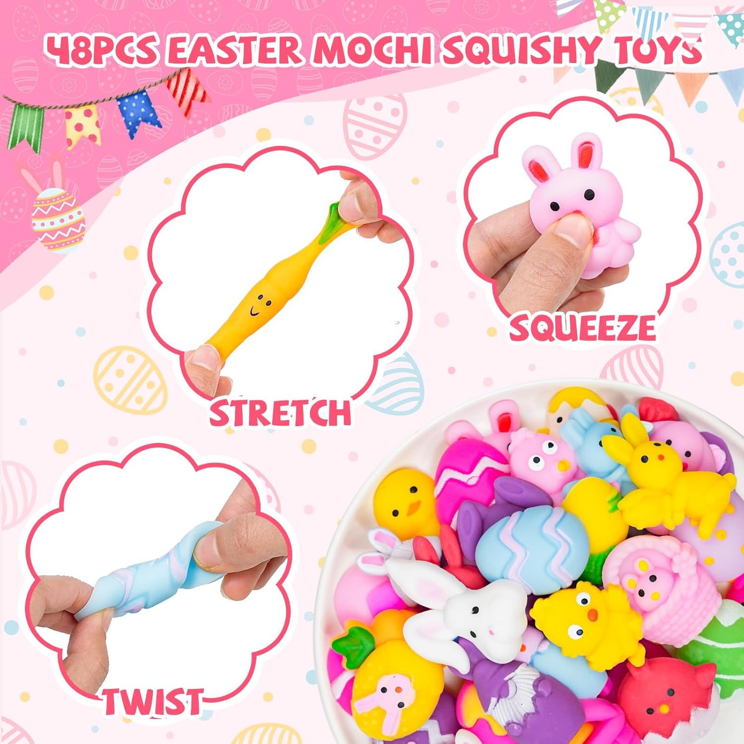 48PCS Easter Mochi Squishy Toys for Easter Basket Suffers, Easter Mochis Squishy Fidget Toys for Kids, Squishies for Egg Fillers, Classroom Prizes, Egg Hunt Games, Gifts, Toddlers, Party Favor