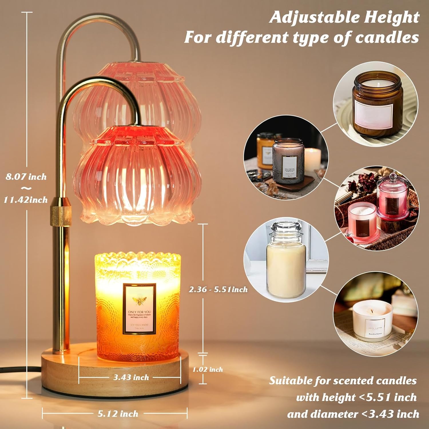 HAIDOLIANG Candle Warmer Lamp with Timer - Adjustable Height and Stepless Dimmable, Birthday Gifts for Women/Mom, Flower - Unique Home Decor Room Essentials (Pink)