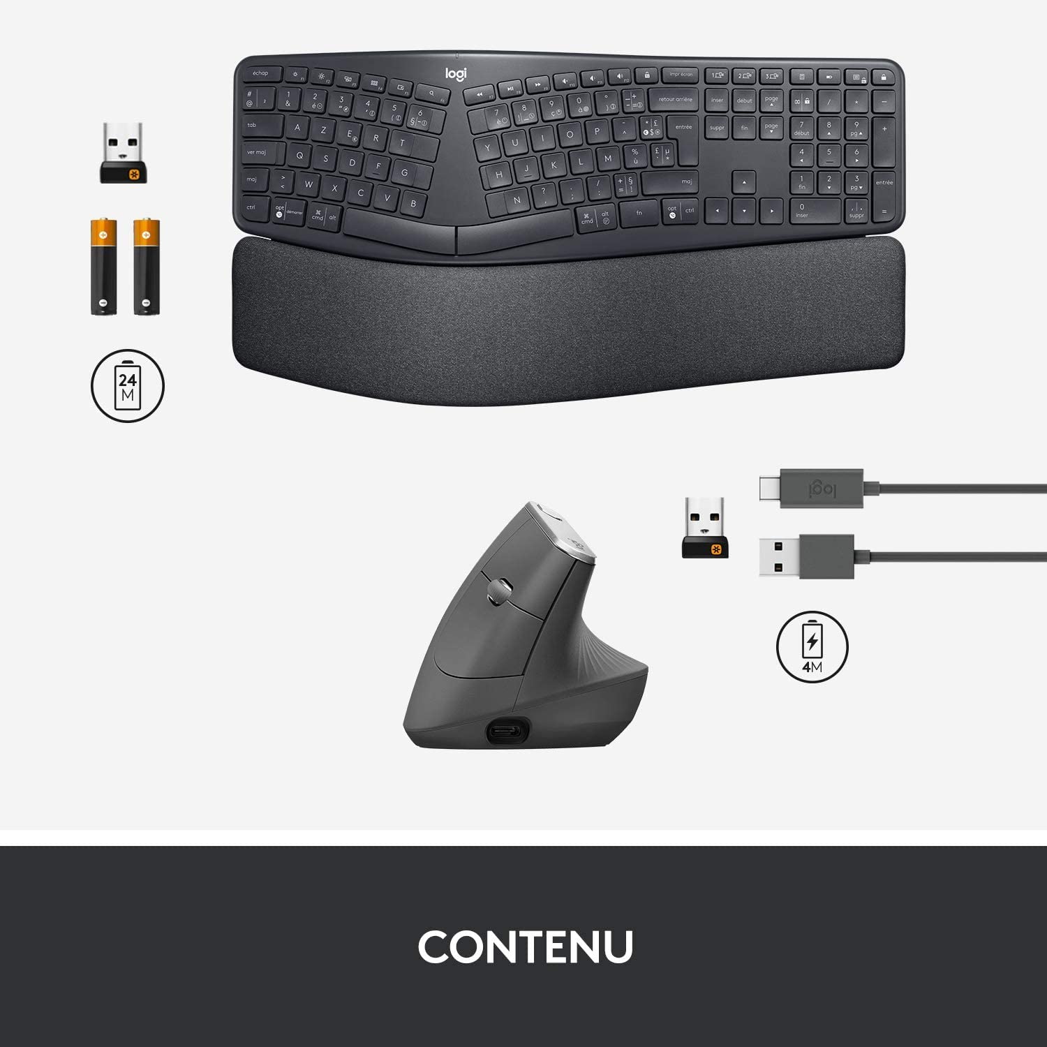 Logitech, ERGO K860 et MX Vertical, Ensemble clavier et souris sans fil ergonomiques, rechargeable, Bluetooth ou USB, soutien du poignet, compatible ordinateurs portables/PC/Windows/Mac