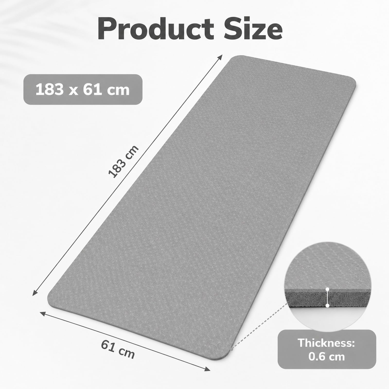 GOOGO Materassino yoga antiscivolo spesso, 183×61 cm, tappetino fitness in gomma TPE per yoga, pilates, stretching, home training e ginnastica (grigio)