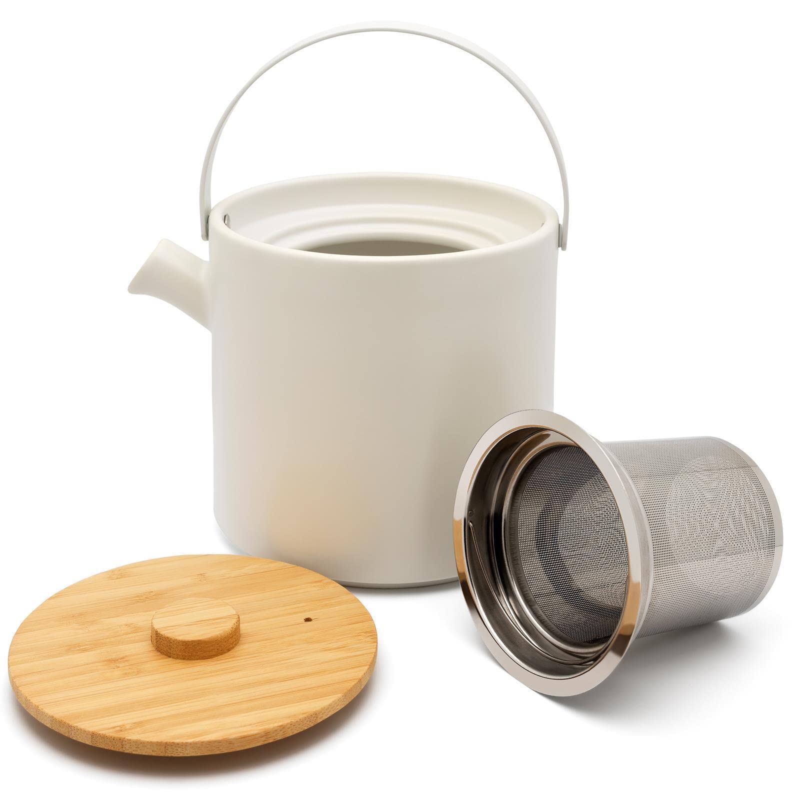 Bredemeijer Teekannen Set - weiße Keramik-Kanne 1.2 Liter & Tee-Filter Sieb-Einsatz für losen Tee & Stövchen & 2 Steingut Teebecher - 6-tlg.