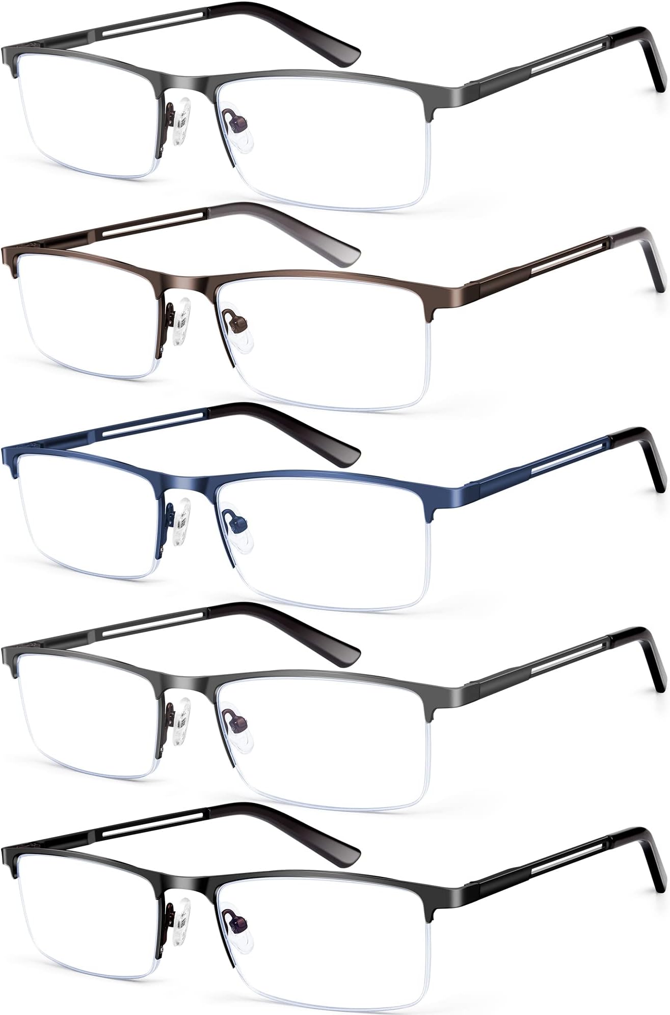 Blue Light Blocking Reading Glasses for Men, Half Frame Metal Readers Spring Hinge Eyeglasses Anti Eyestrain/Glare/UV