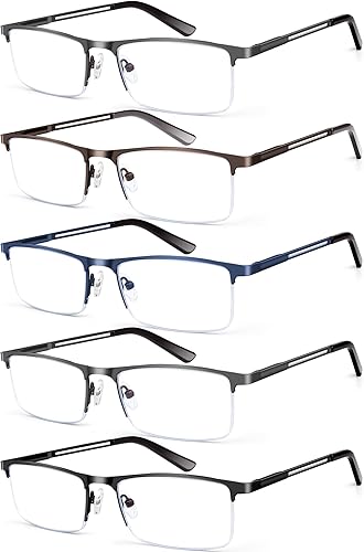 KONHAGO Lentes de lectura con bloqueo de luz azul para hombres, lectores de metal de medio marco, lentes con bisagra de resorte, antifatiga ocular,