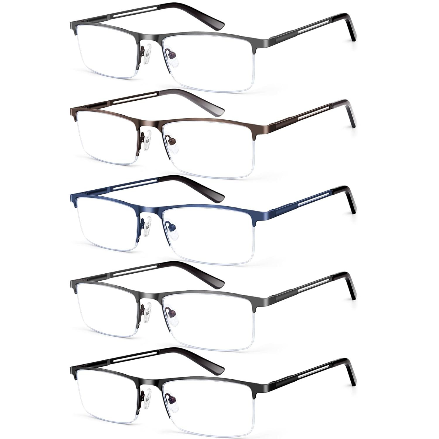 KONHAGO Blue Light Blocking Reading Glasses for Men Half Frame Metal Readers Spring Hinge Eyeglasses Anti Eyestrain Glare