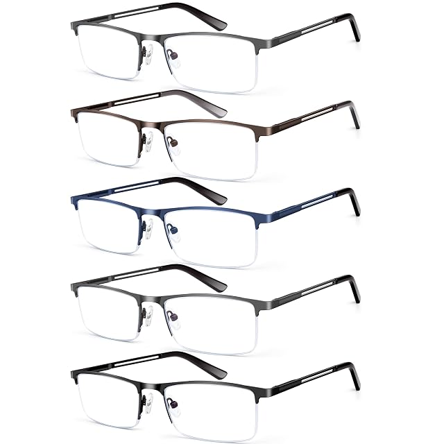 KONHAGO Blue Light Blocking Reading Glasses for Men Half Frame Metal Readers Spring Hinge Eyeglasses Anti Eyestrain Glare