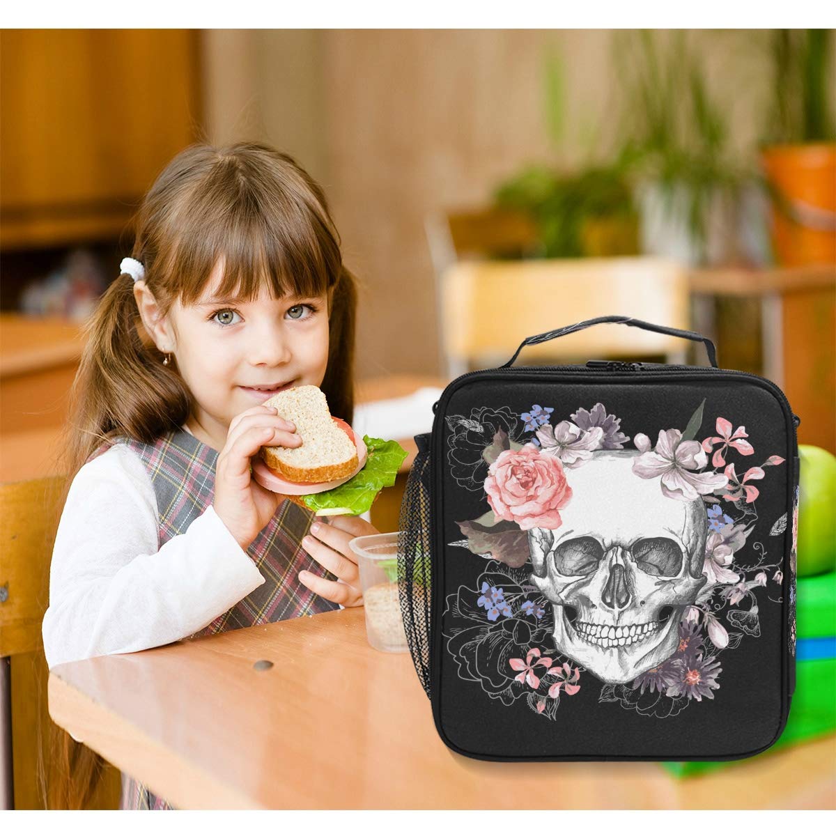 Borsa Termica Per Pranzo Con Teschio E Fiori Rosa Ciliegia – Portatile, Impermeabile, Isotermica – Per Ufficio, Scuola, Picnic