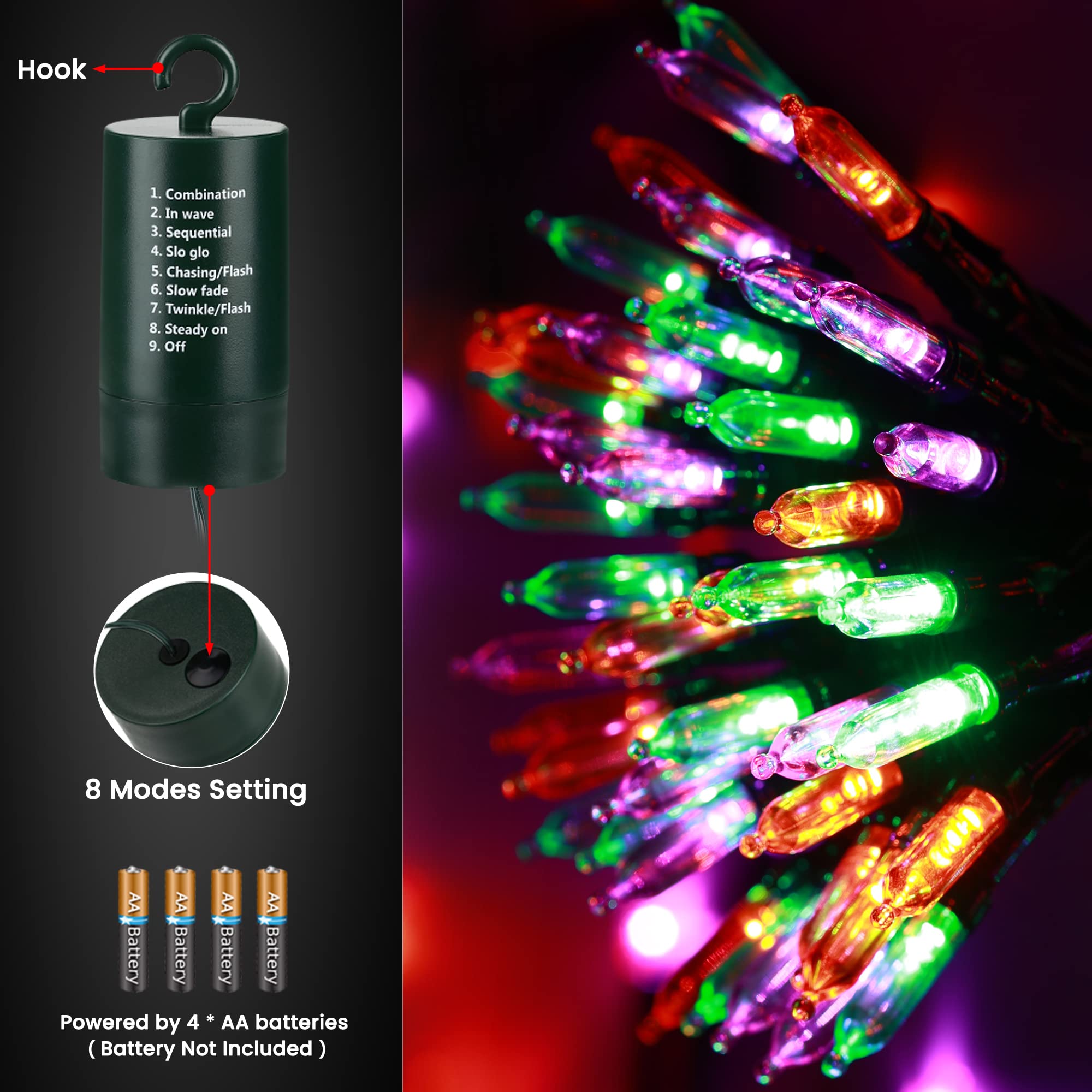 Halloween Lichterkette - Orange, Grün, Lila, 200 LEDs, 20 M Schwarzes Kabel, 2 Stränge, UL-zertifiziert