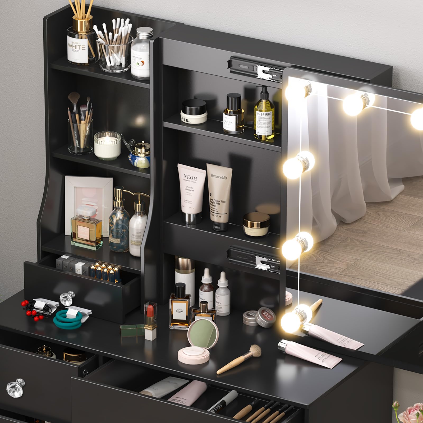 Schminktisch mit Beleuchtung, Einstellbarer Helligkeit, Make Up Tisch mit Schiebespiegel, Kosmetiktisch mit 6 Schubladen und 6 Regalen, Frisiertisch mit Hocker Schwarz 36x80x131cm, H010630