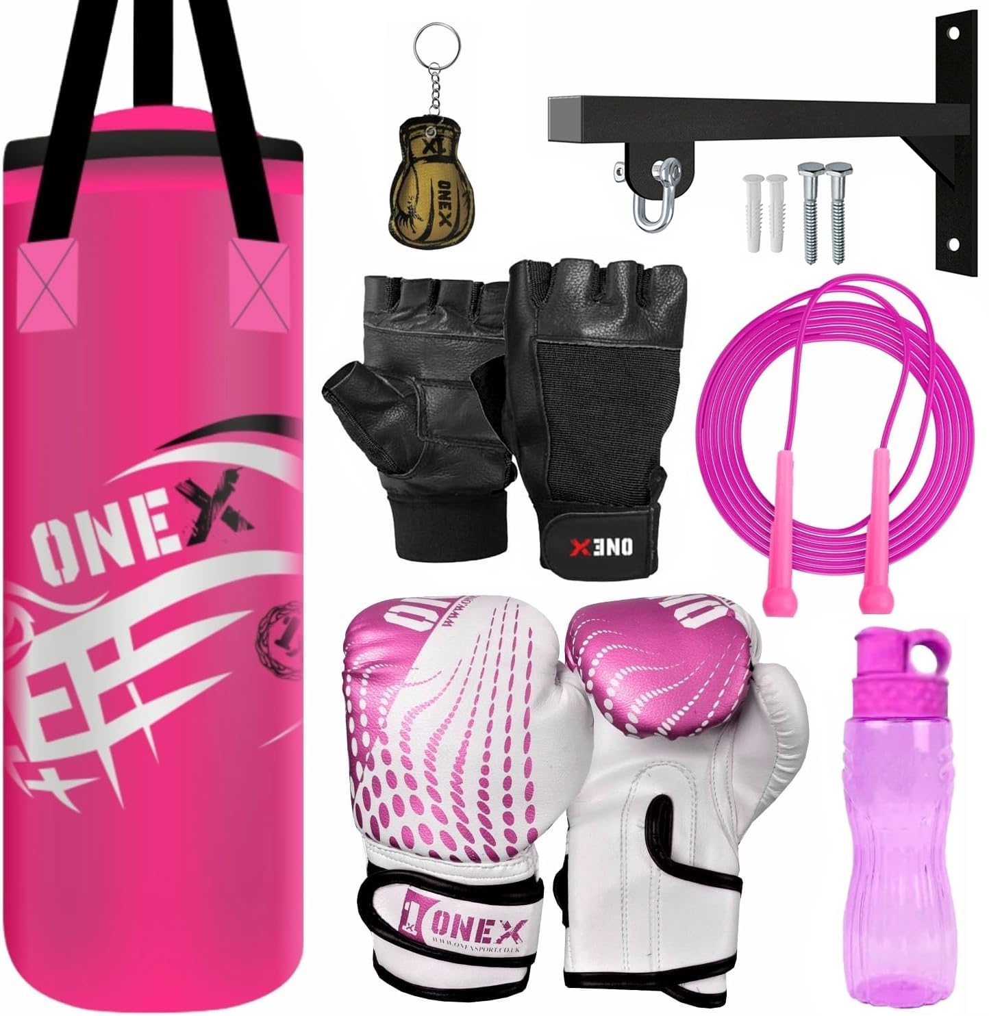 Kids *Punching bag* Gloves Boxing Bag Rucksack Mount Hook Set 2ft Set, Perfect for Junior/Children Workout (Pink)
