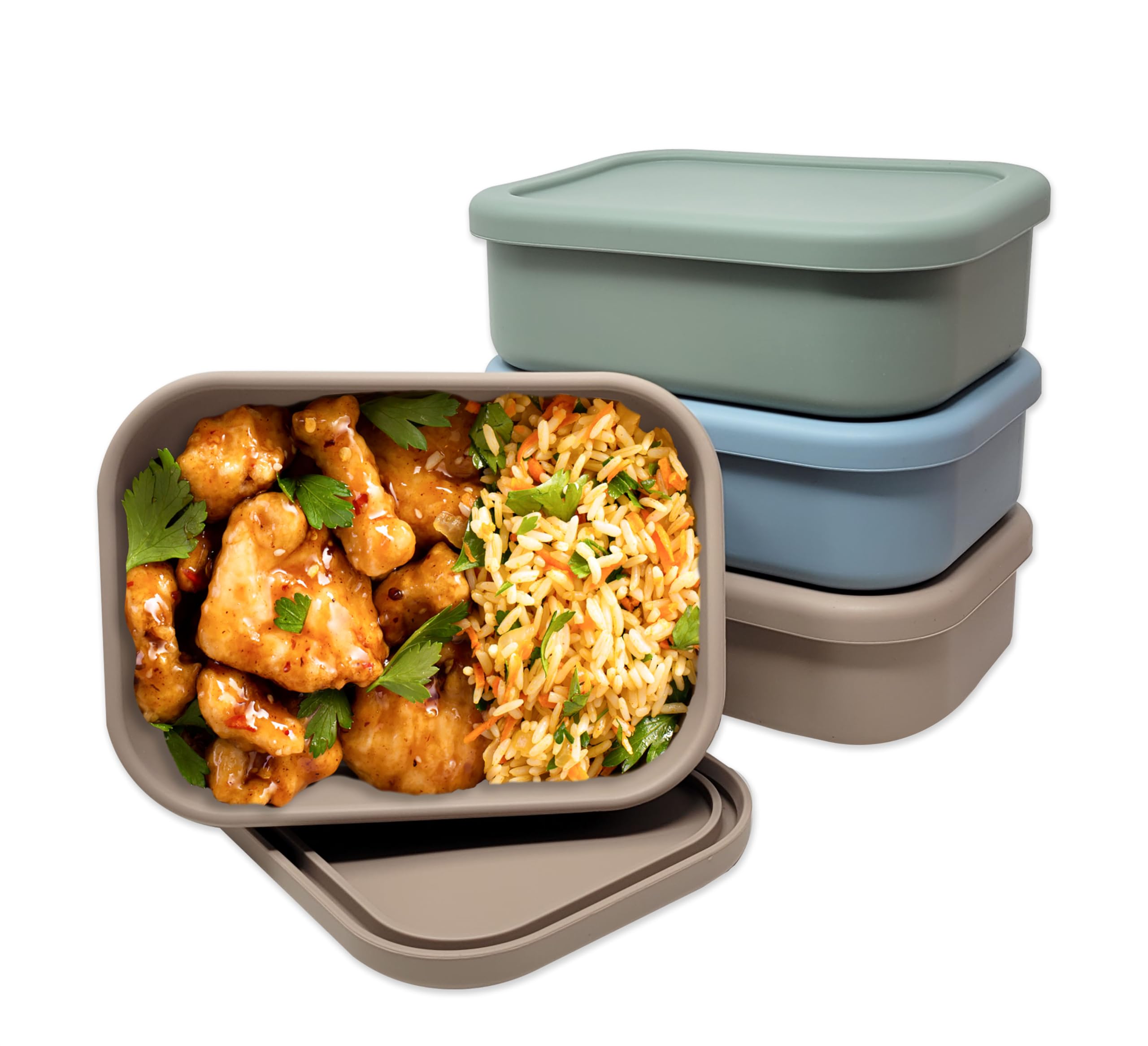 Perfect Portion 3-Pack Silicone Bento Boxes - Leakproof, Single-Compartment Lunch Containers, BPA-Free, Dishwasher, Oven & Fridge Safe, Dry Erase Marker Friendly- Tan, Green, Blue