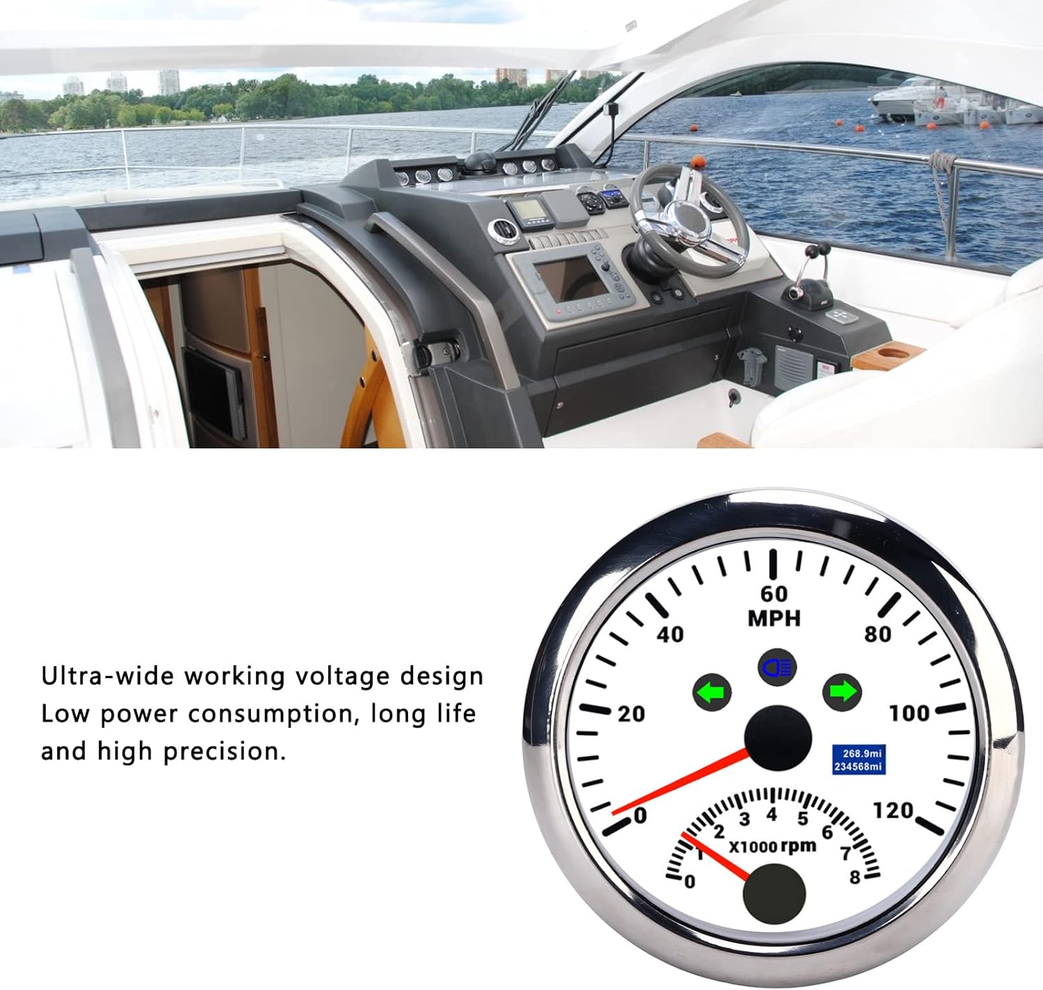 NDNCZDHC CX8192 GPS Speedometer and Tachometer with text about wide voltage and low power