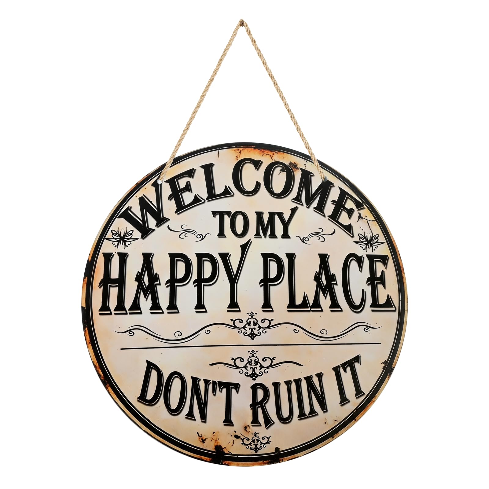 Welcome to My Happy Place Vintage Metal Sign Fun Wall Decor Perfect for front doors, kitchens, man caves, tool sheds, gardens, and bars. 8x8-inch round tin-plated iron nameplate