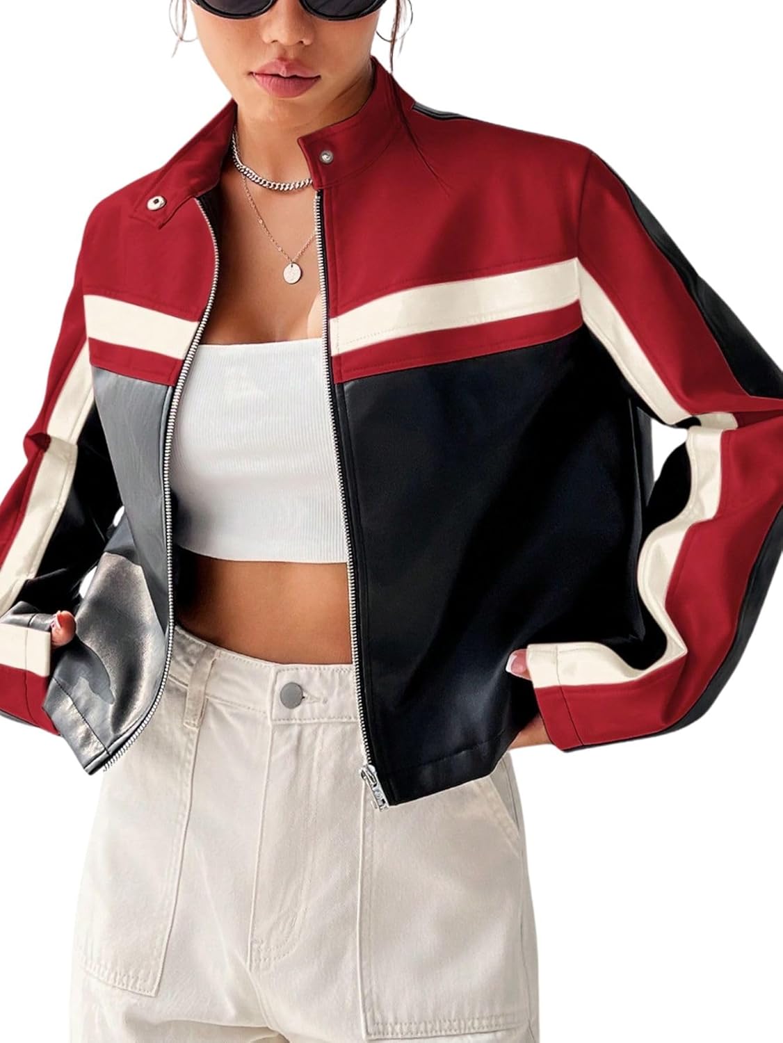 Verdusa Women's Motocycle Leather Jacket Zip Up Long Sleeve Cropped Bomber Jacket