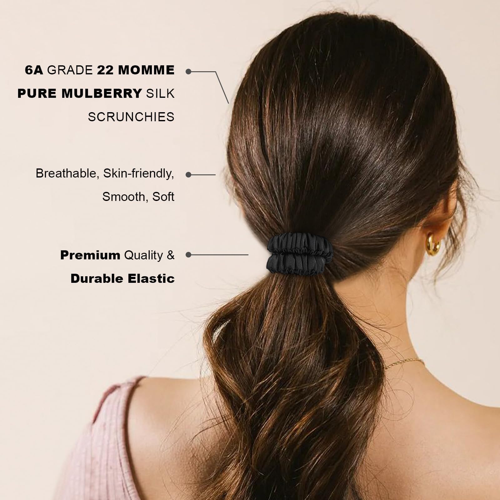 Mulberry Silk Scrunchies for Women 4 PACK, Silk Hair Ties Non Slip, Black Small Thin Silk Scrunchies - Image 2