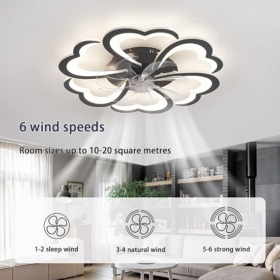 LED Ceiling Fans with Lights and Remote Floral Mute DC Fan Light Ceiling 6-Speed Dimmable Timer Memory Function Light Bulb Fan 6800 Lumens 68cm Bedroom Lounge