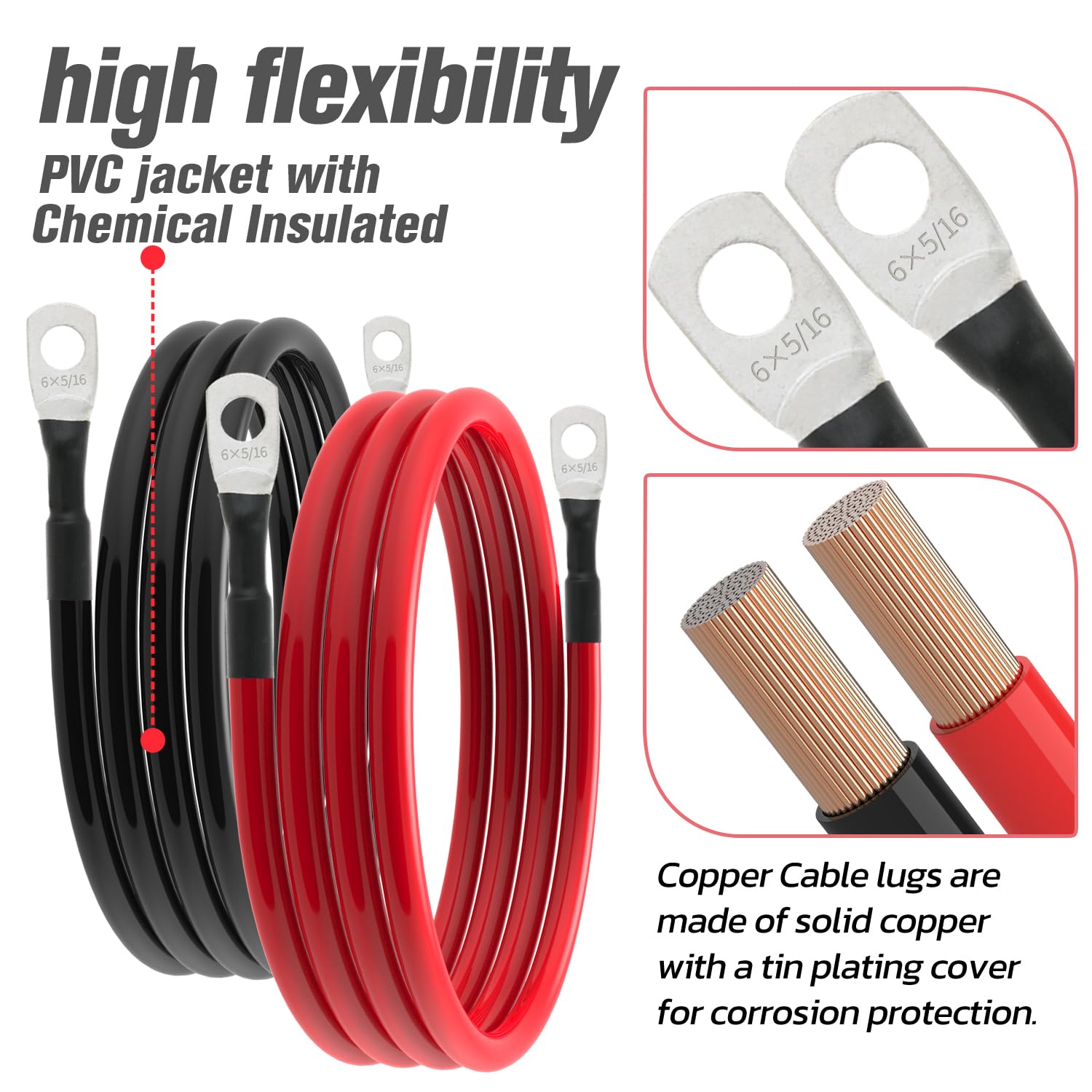 Cavo per batteria da 6 AWG, calibro 6 AWG, cavi inverter per batteria per auto, barche, camper, auto e moto (6 AWG, 1,5 m, 0,8 cm)
