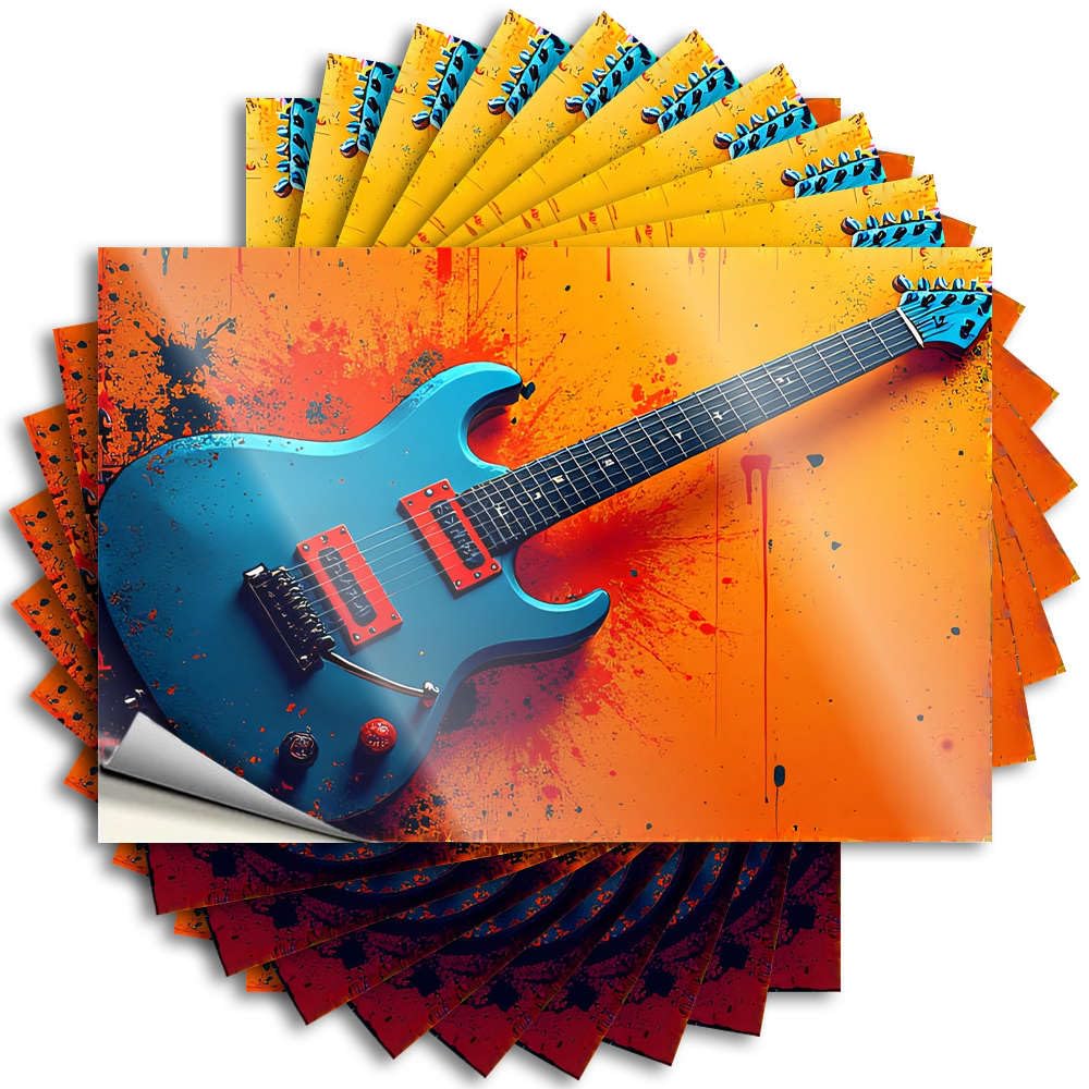 Lettering Sticker Cool Wall Decor Easy Apply | A Vibrant Blue Electric Guitar Against an Orange and Red Splatter Background Rock Cover Peel and Stick(6X9CM)