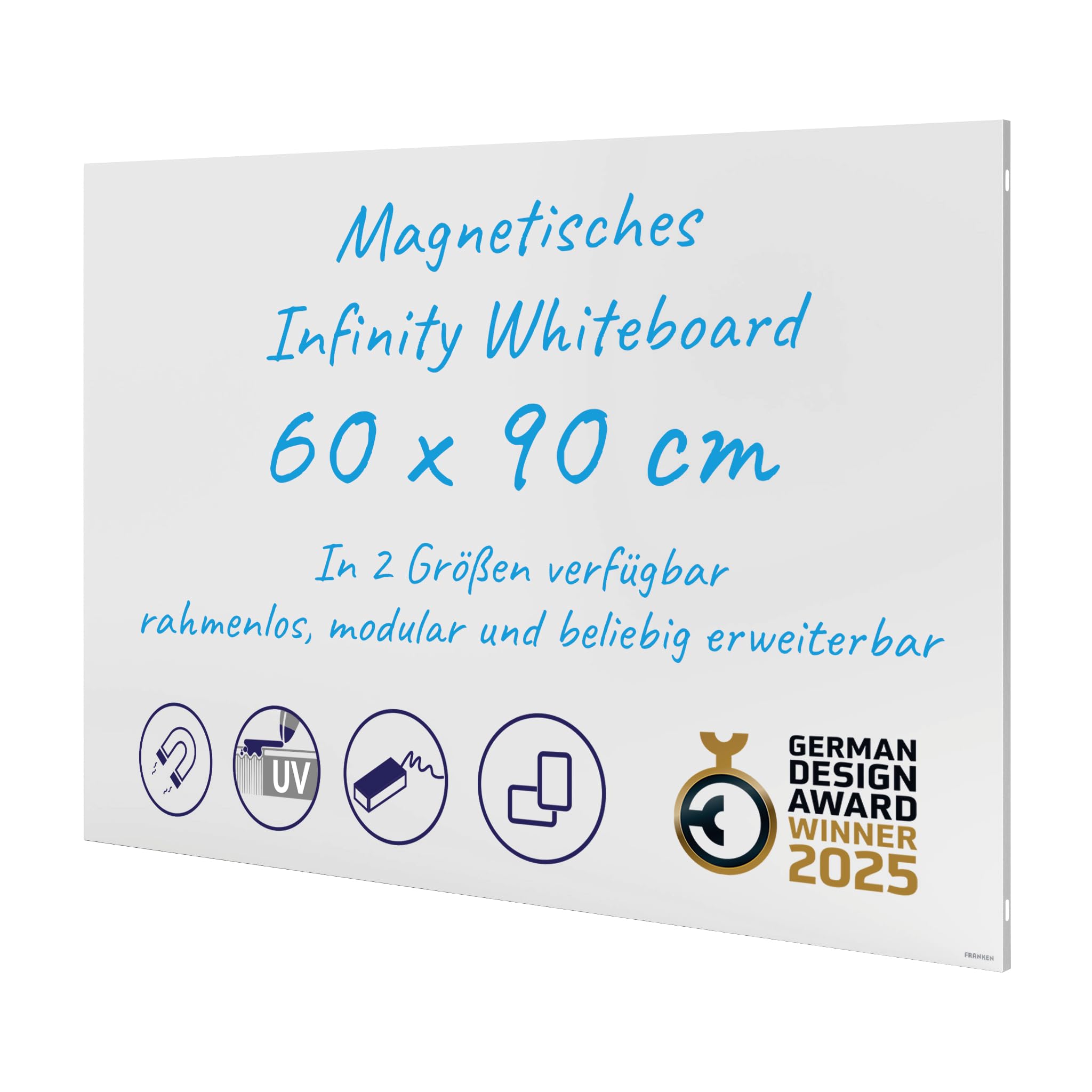 FRANKEN Infinity Whiteboard, magnetyczna tablica do pisania bez ramy, 90 x 60 cm, możliwość bezpośredniego łączenia wielu tablic w formacie pionowym/poziomym, do biura i biura domowego, stalowa