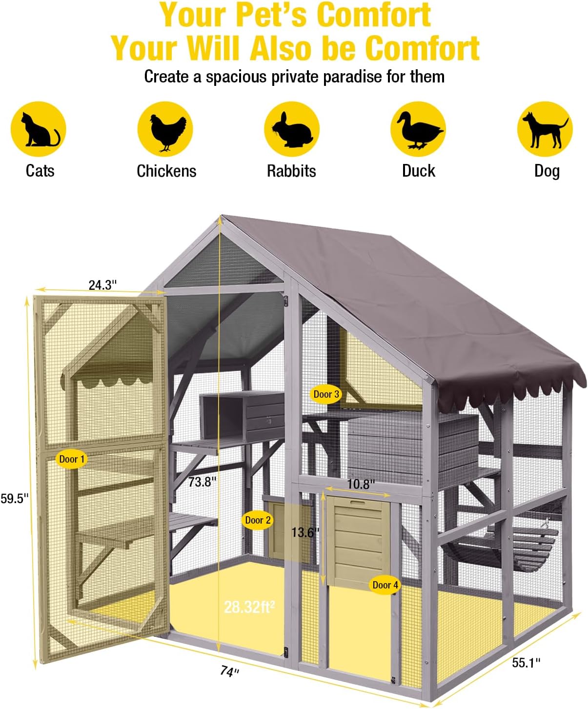 Aivituvin Catio Outdoor Cat Enclosure Large for Multiple Cats Wooden Cat House Outside Kitty Condon Cat Run Weatherproof