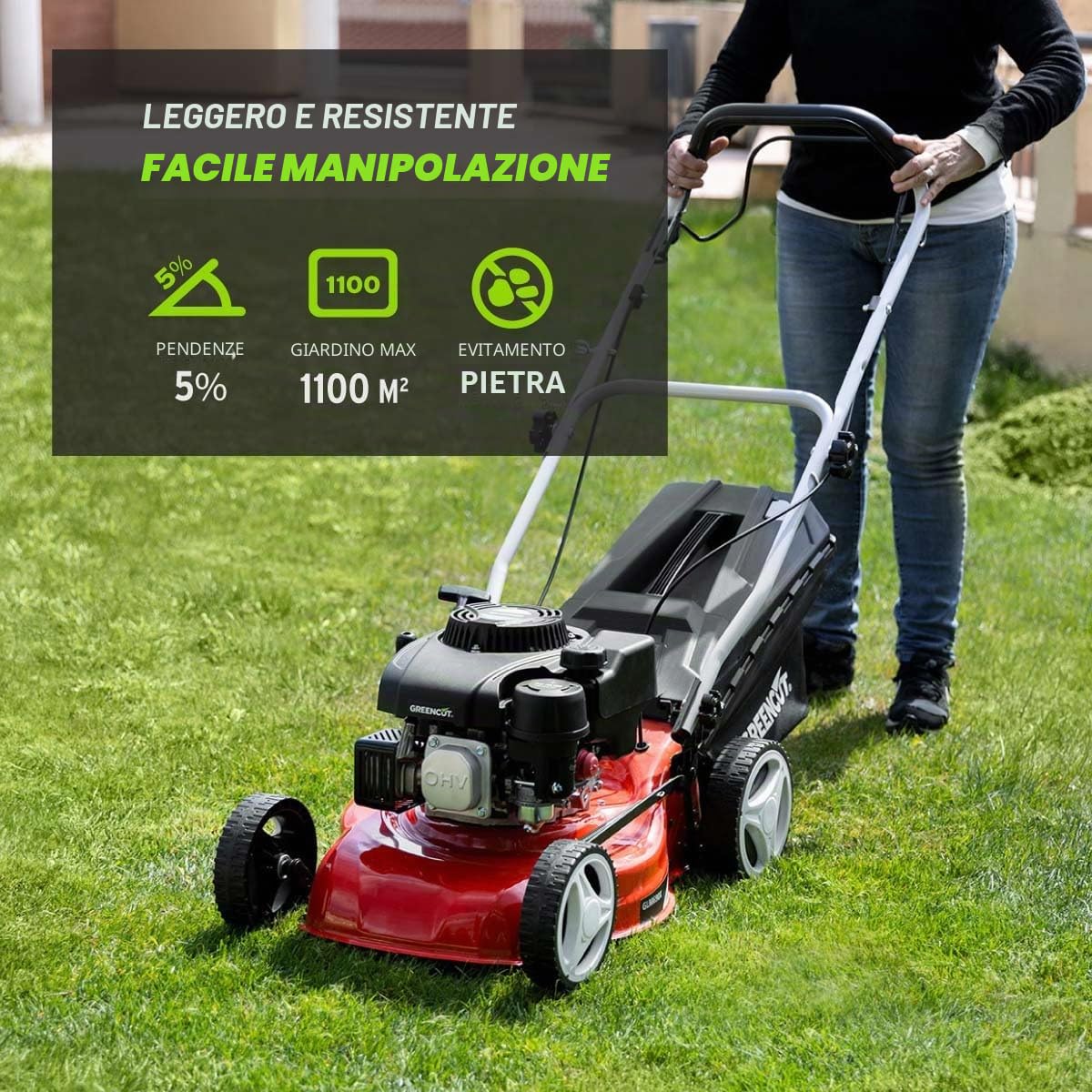GREENCUT GLM690X – Rasaerba a benzina 132cc semovente, avviamento manuale, larghezza 41 cm, altezza regolabile, sacco 45 L, per giardini fino a 1100 m²