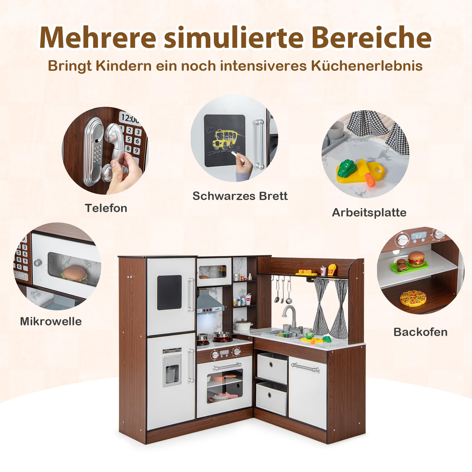 COSTWAY Kinderküche mit Wasserpumpfunktion, Spielküche Holz mit Licht & Sound, Kinder Küche inkl. Zubehör & Körbe & Vorhänge & Haube, Multifunktionale Spielzeugküche für Kinder ab 3 Jahren (Luxus)