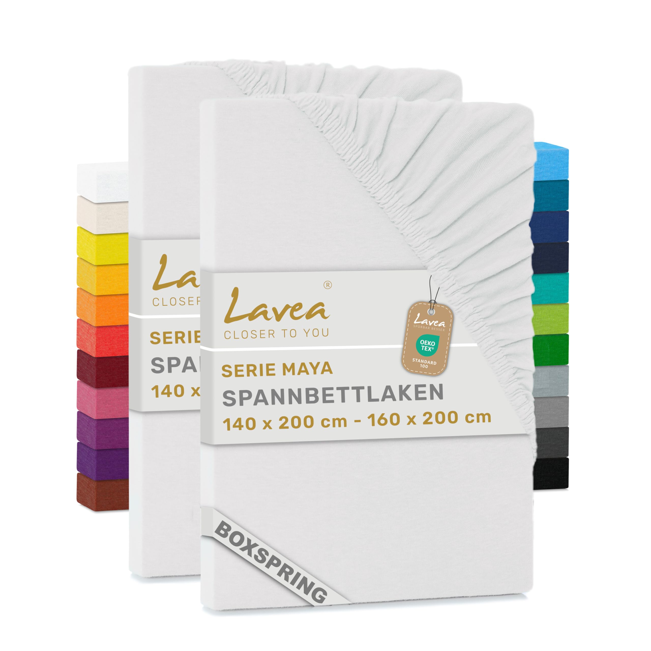 Lavea® 2er Spannbettlaken 140x200cm - 160x200cm, Boxspringbetten, Wasserbetten, Bettlaken aus 100% Baumwolle Jersey, mit Rundumgummizug, für Matratzen mit ca. 35 cm Höhe, formstabil, Weiß