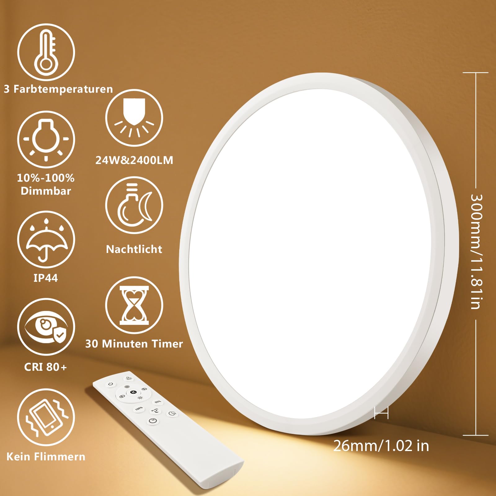 LEOEU Plafoniera LED Soffitto Dimmerabile, 24W 2400LM Lampada da Soffitto con Telecomando, IP54 Impermeabile Plafoniera Bagno per Cucina, Bagno, Camera da Letto, Corridoio, Cantina, Ufficio