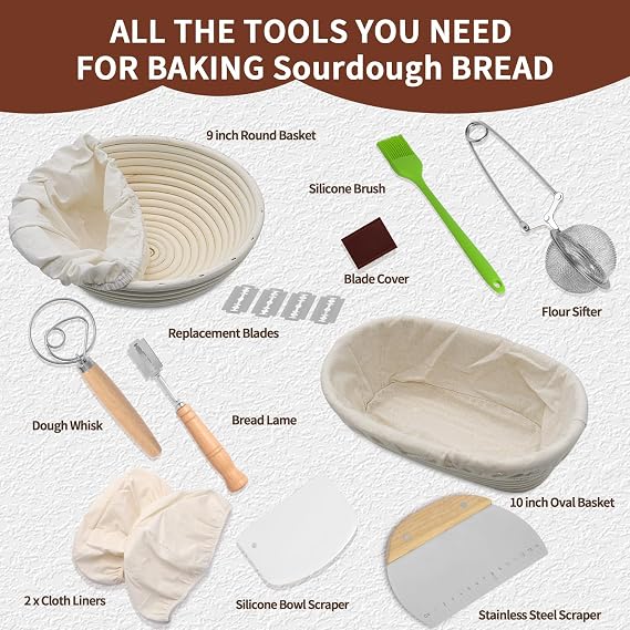 Sourdough Starter Kit, Bread Proofing Basket Set, Round and Oval Banneton Proofing Basket Set with Danish Dough Whisk, Stainless Steel Dough Scraper, Flexible Dough Scraper