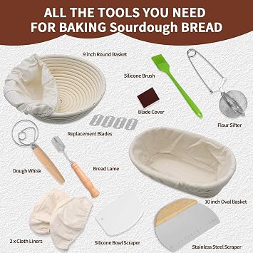 Sourdough Starter Kit, Bread Proofing Basket Set, Round and Oval Banneton Proofing Basket Set with Danish Dough Whisk, Stainless Steel Dough Scraper, Flexible Dough Scraper