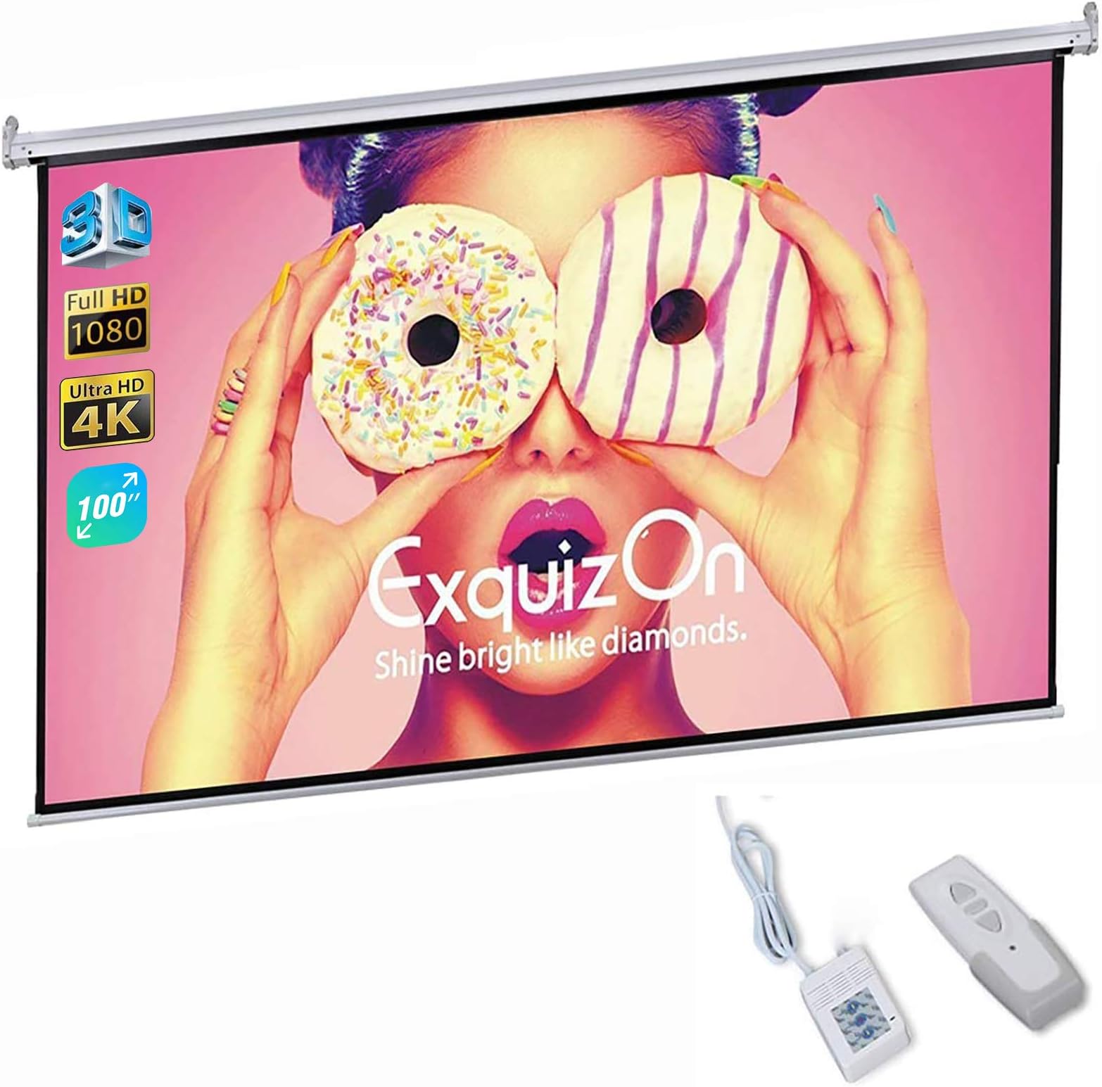 Motorized Projector Screen with Remote Control, ExquizOn Ceiling Wall Portable Projector Screen 100 inch 16:9 1.2 Gain AUTO Electric HD 4K Indoor Outdoor for Family Home Theater and Office