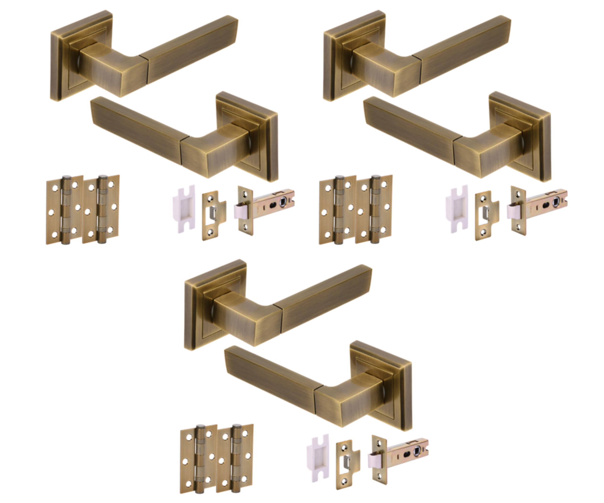Hunta HANDLEZONE® Reno Internal Door Handle Packs, Square Lever Door Handles on Square Rose, 76mm Latch (57mm Backset), 75mm Ball Bearing Hinges, 3 Sets - Antique Bronze