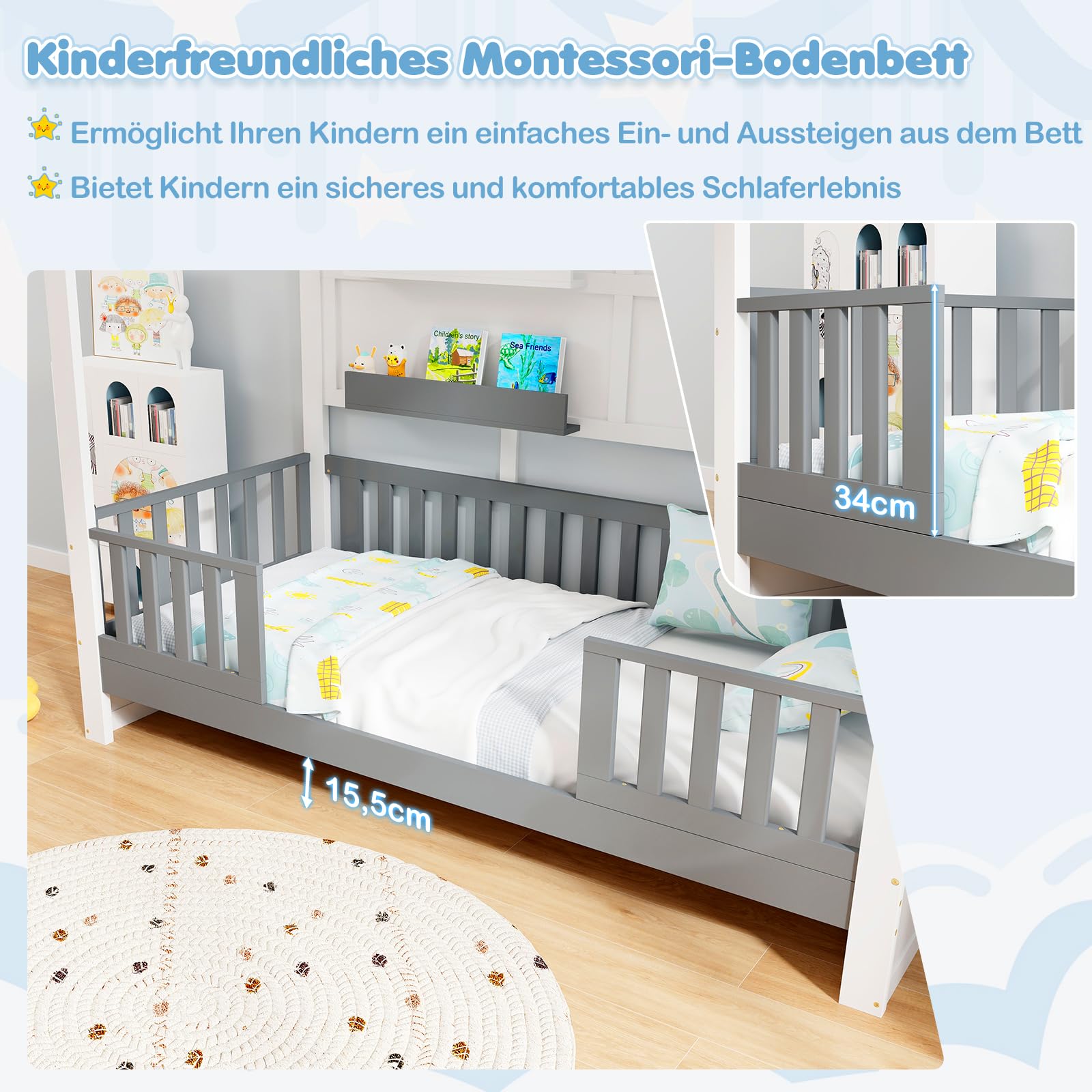 COSTWAY Hausbett 90x200 cm, Kinderbett mit Rausfallschutz und 2 Regalen, Holzbett in Hausform mit Fenster & Lattenrost, Montessori-Bodenbett, Weiß + Grau