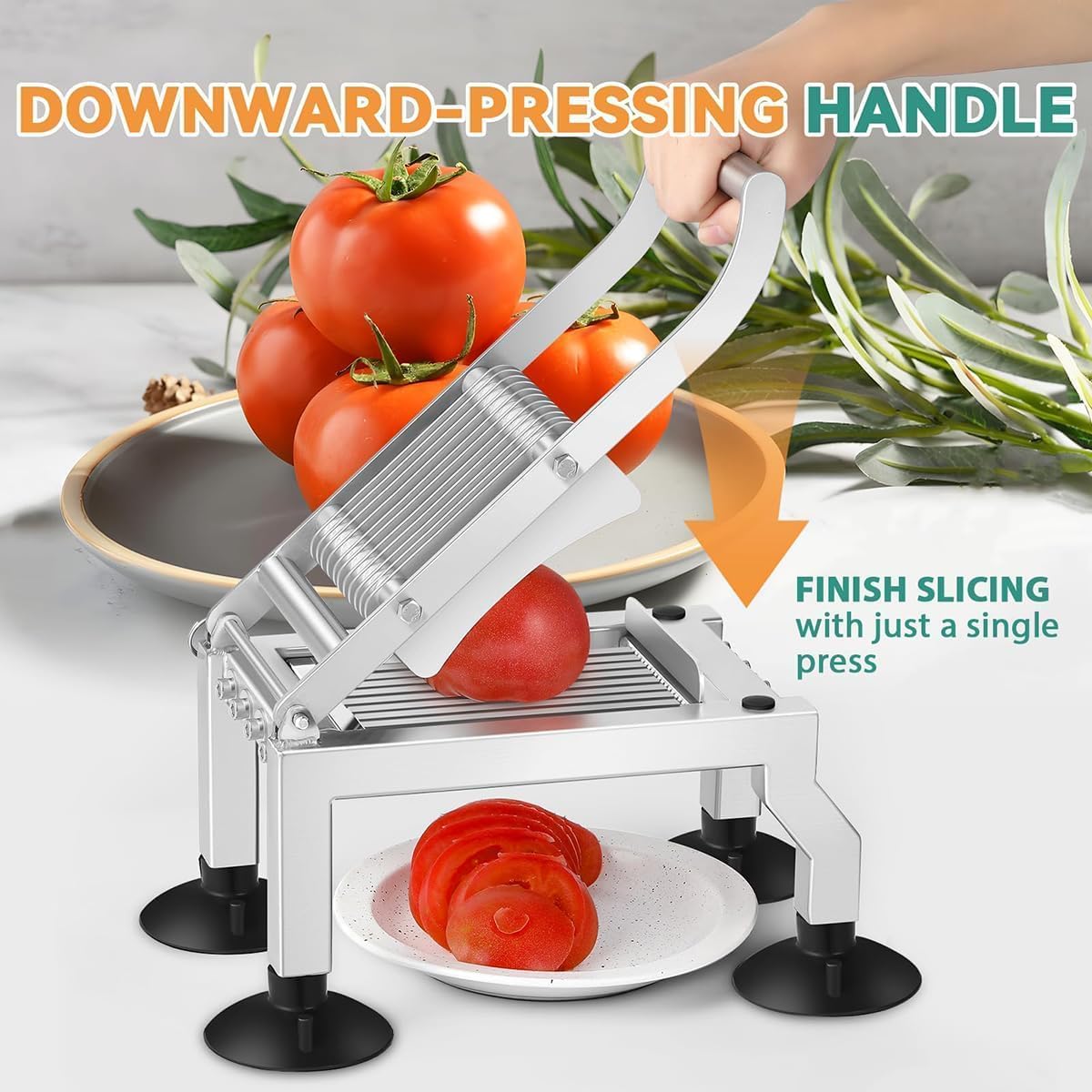 Cortador de tomate profesional: rebanadas uniformes de 10 mm, hoja de acero inoxidable y base de succión antideslizante. Ideal para uso en restaurantes y cocinas domésticas.