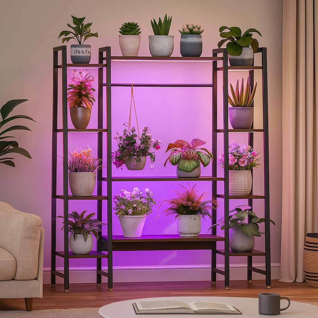 Cebihy 55" Tall Plant Stand with Grow Light, 12‑Tier, 3 Color Modes & 10 Brightness Levels, Trapezoid Wood & Metal Plant Shelf, Timer 3H/9H/12H, Safety Anti‑Tip Kit, Holds 15‑20 Indoor Plants (Black Upgraded)