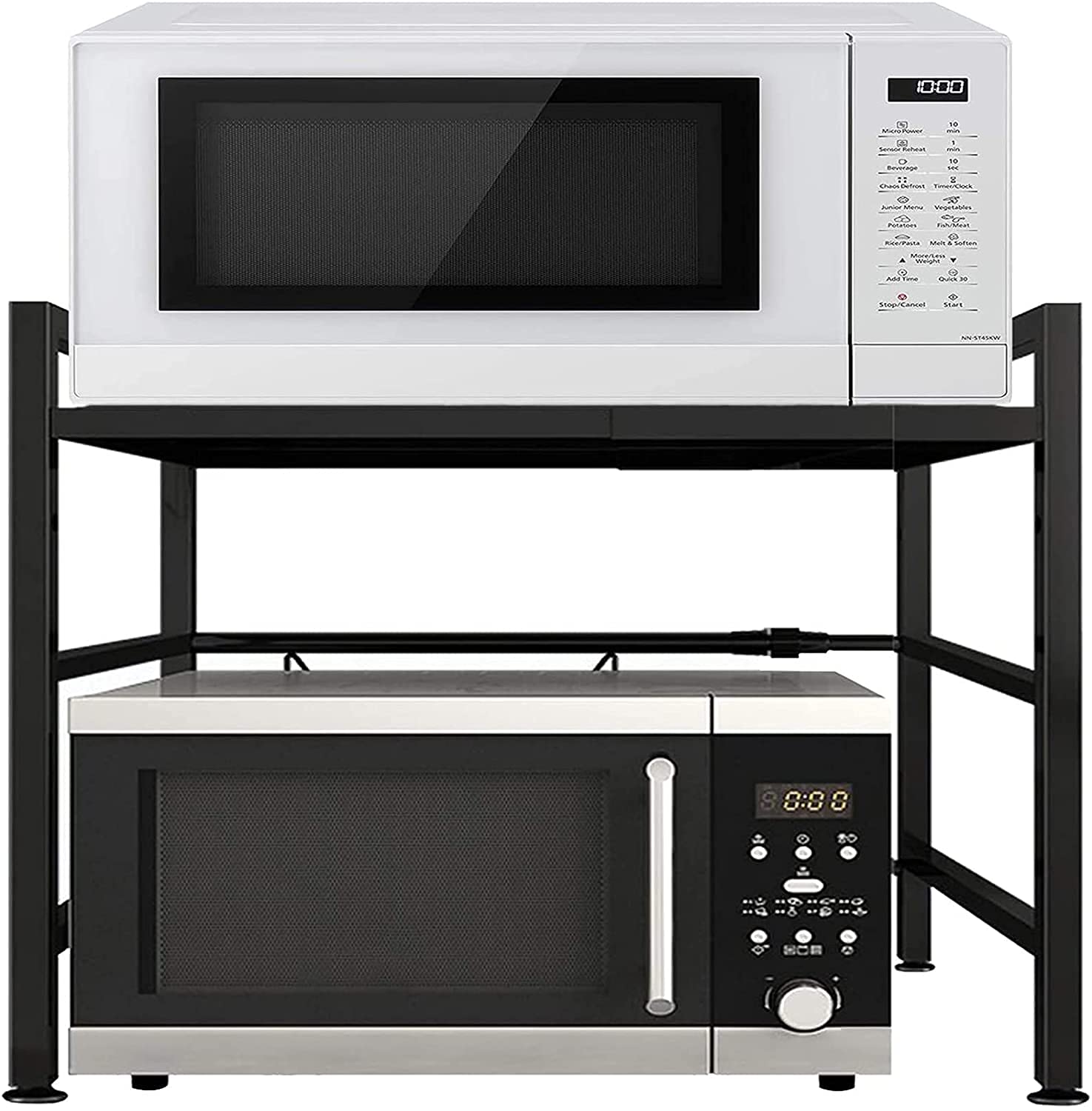 Soporte ajustable de 2 niveles para microondas con estante expandible, 3 ganchos y encimera de cocina negra para espacios pequeños (41,5 60 cm)