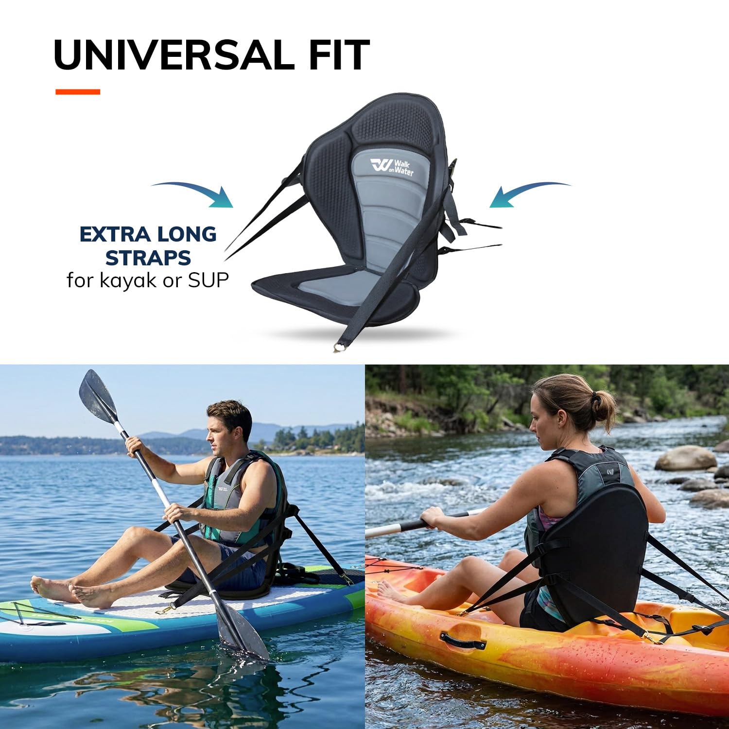 WOW Walk on Water Siège Kayak et Paddle Universel | Dosseret Ergonomique Haute Densité pour Stand Up Paddle et Kayak | Assise Mousse Confort Épaissie et 4 Sangles de Fixation Rapide