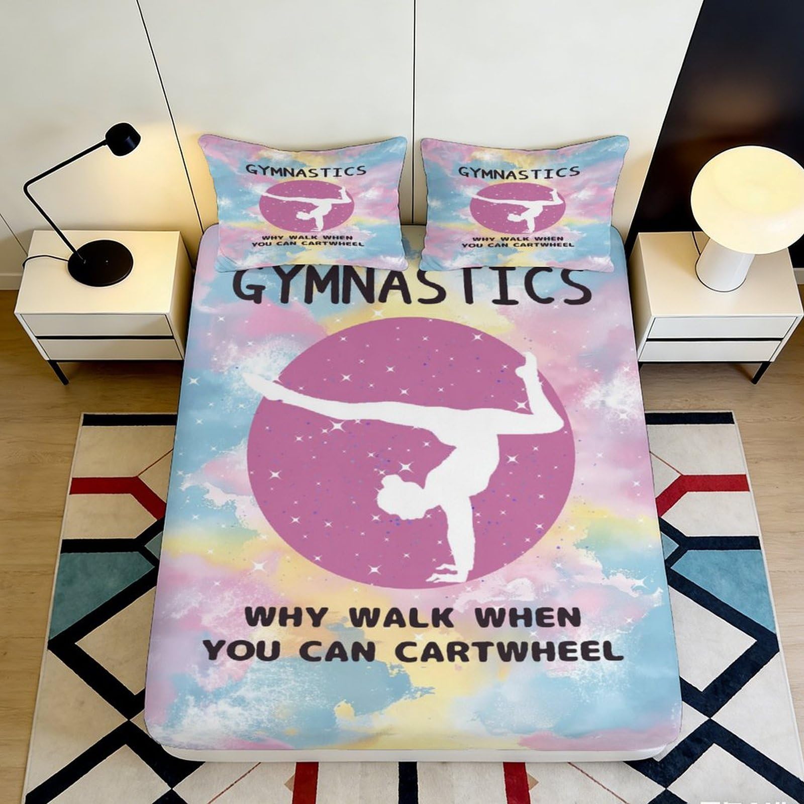 3D Printed Gymnastics Silhouette Fitted Sheet Microfiber Soft Pastel Rainbow Bed Cover for Bedroom Dorm Decorative Mattress Protector 90x200x25cm